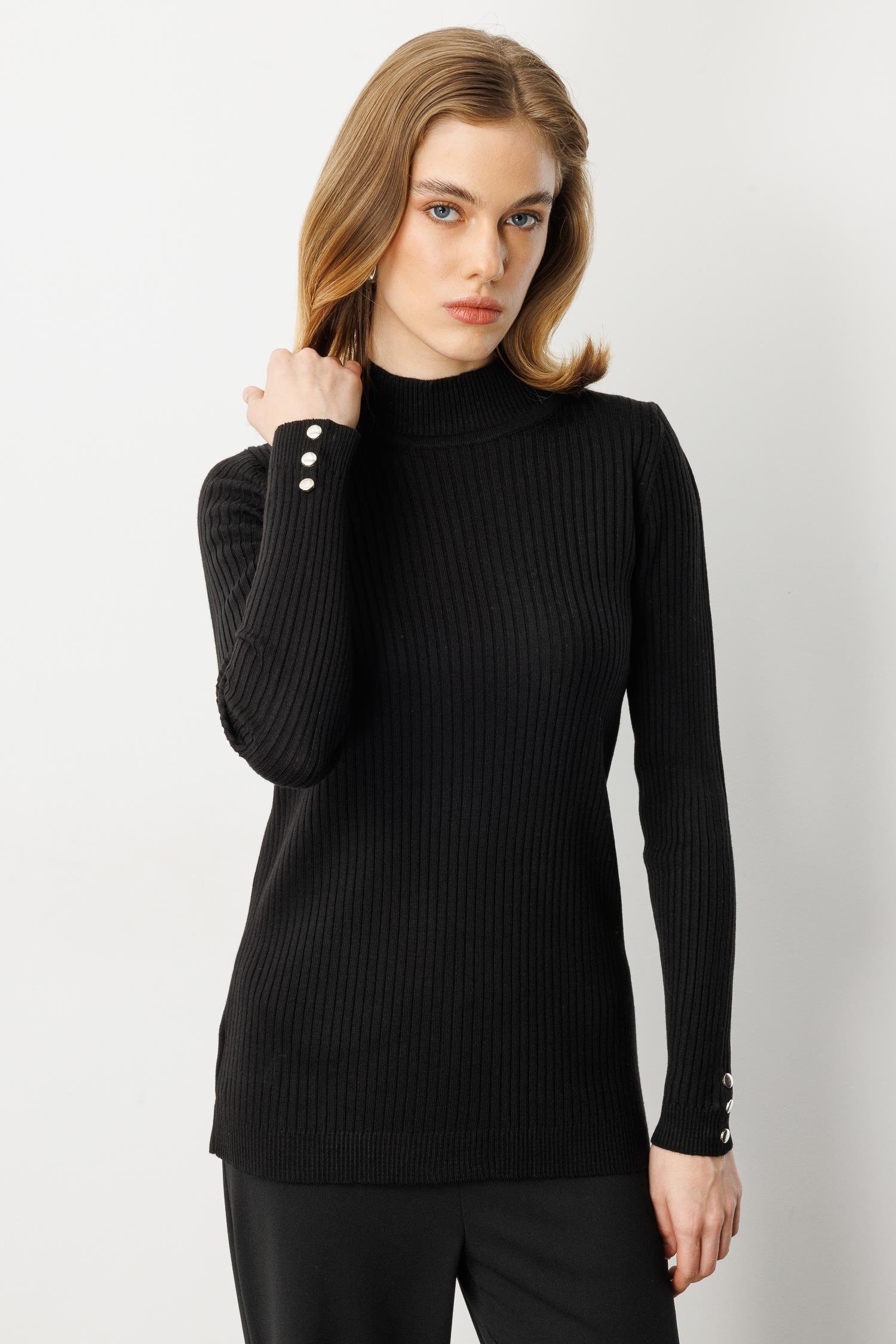 Yarım Balıkçı Fitilli Triko Kazak-SİYAH