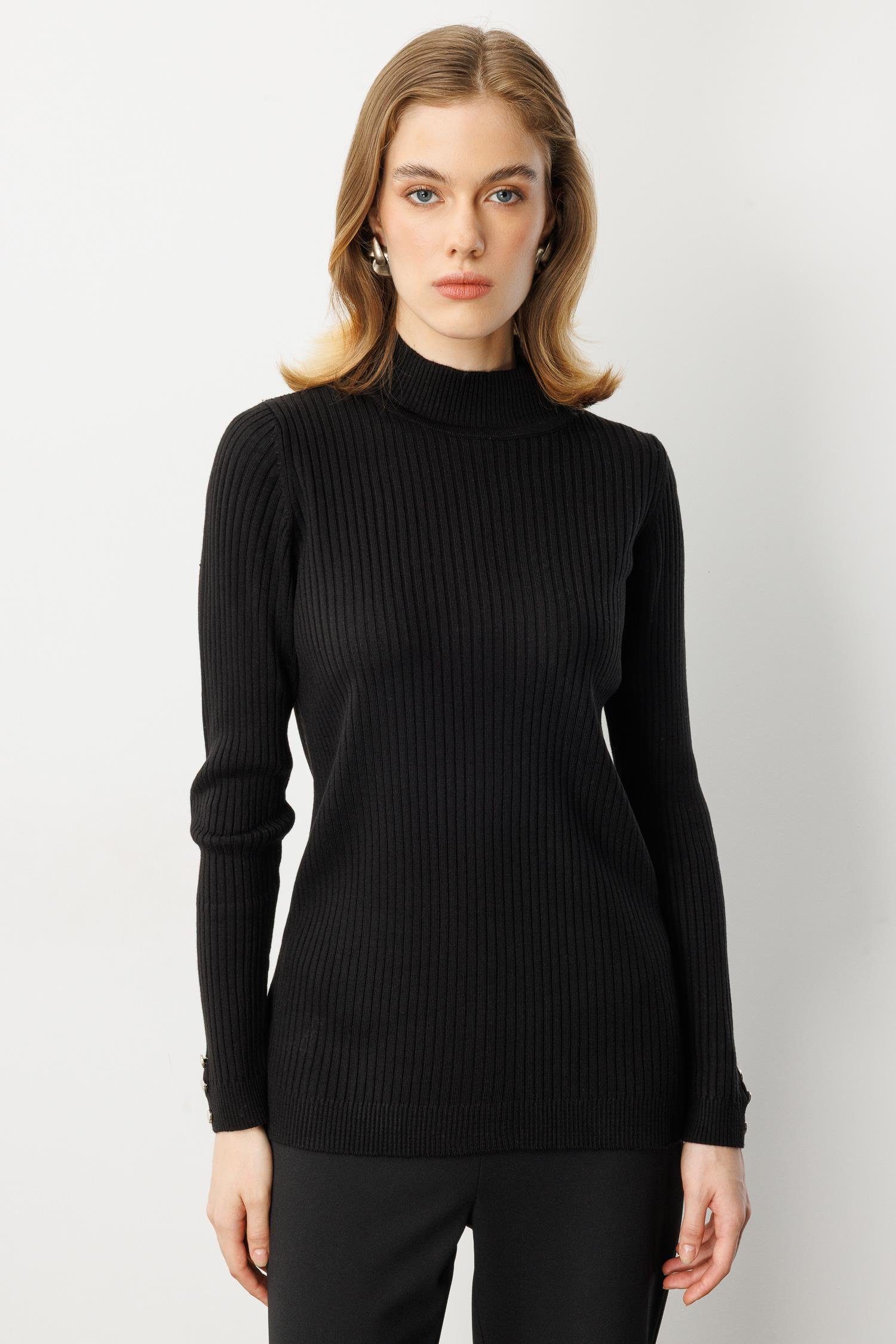 Yarım Balıkçı Fitilli Triko Kazak-SİYAH