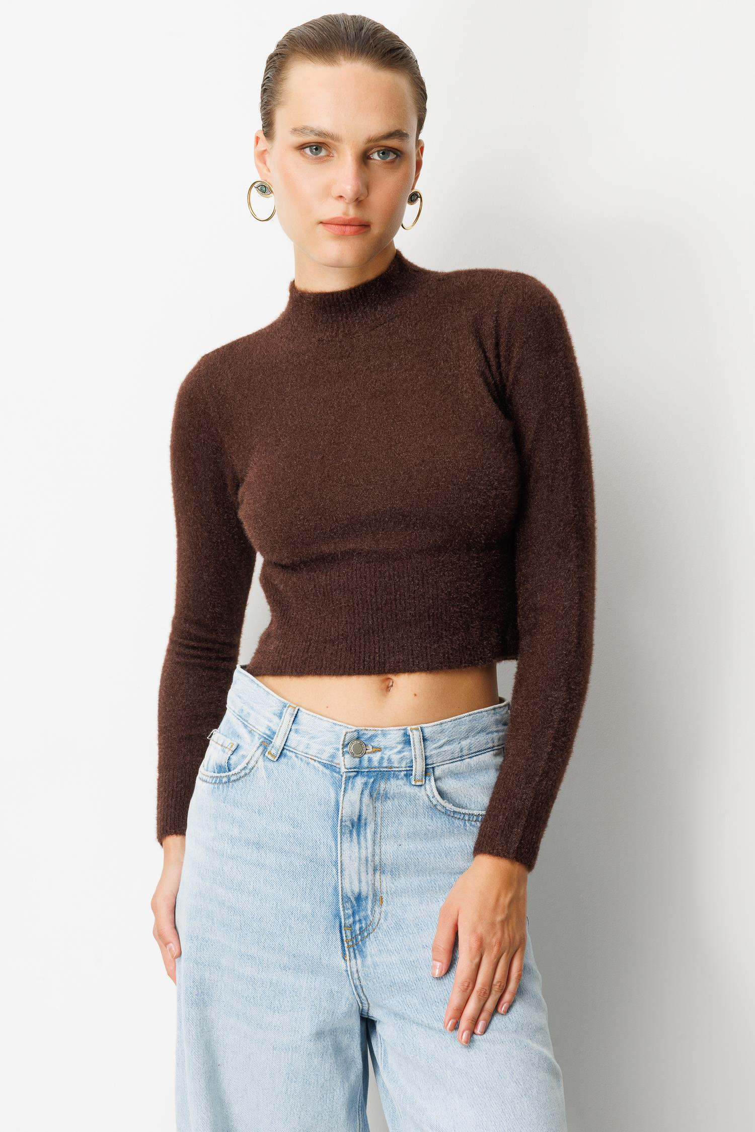 Yarım Balıkçı Kısa Triko Kazak-KAHVE