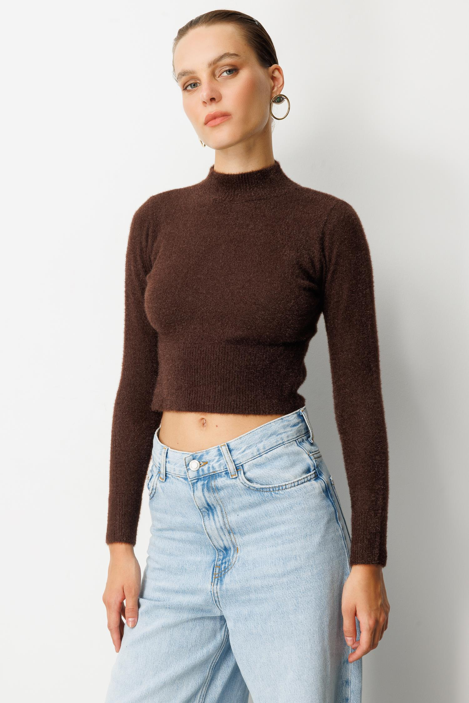 Yarım Balıkçı Kısa Triko Kazak-KAHVE