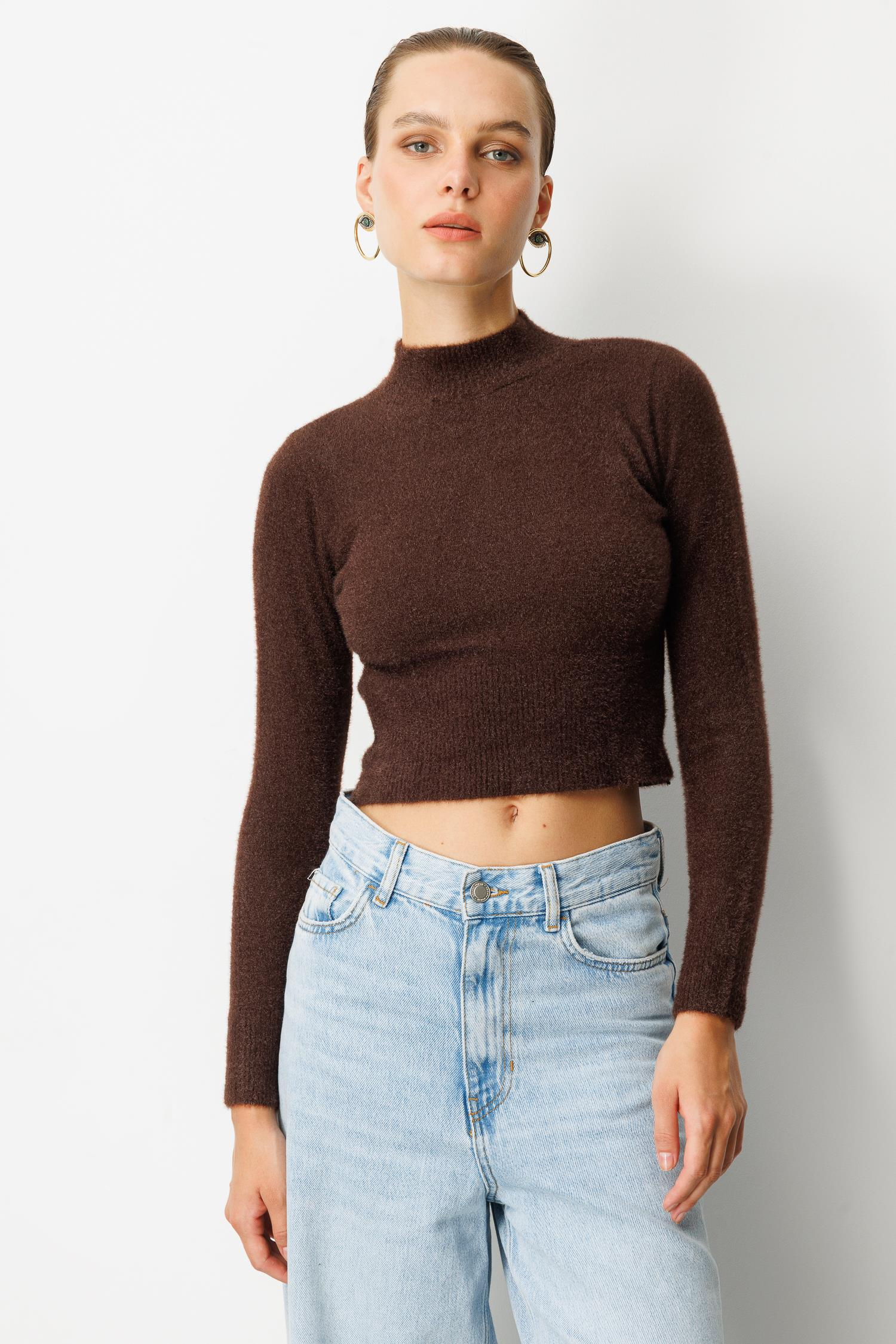 Yarım Balıkçı Kısa Triko Kazak-KAHVE