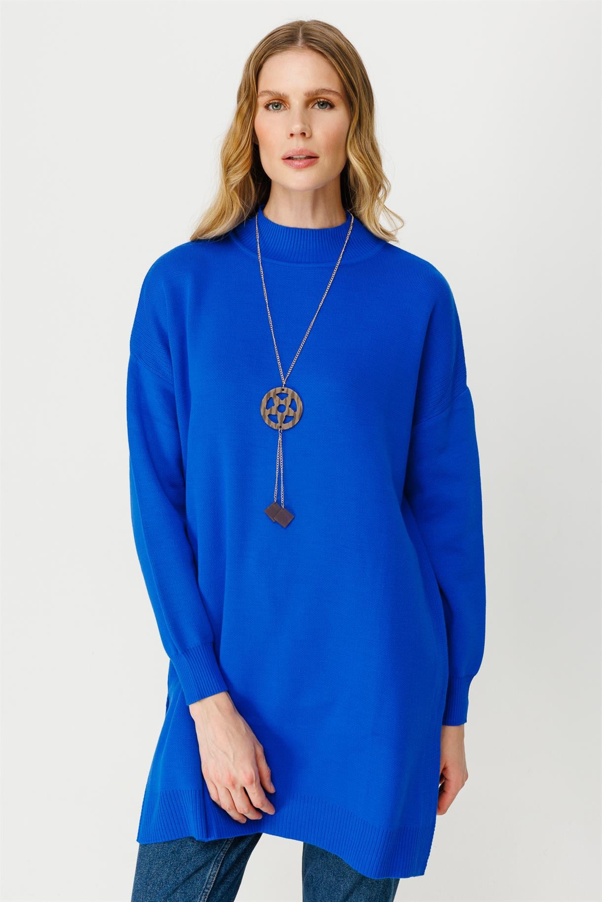 Yarım Balıkçı Kolyeli Düşük Kol Triko Tunik - SAX