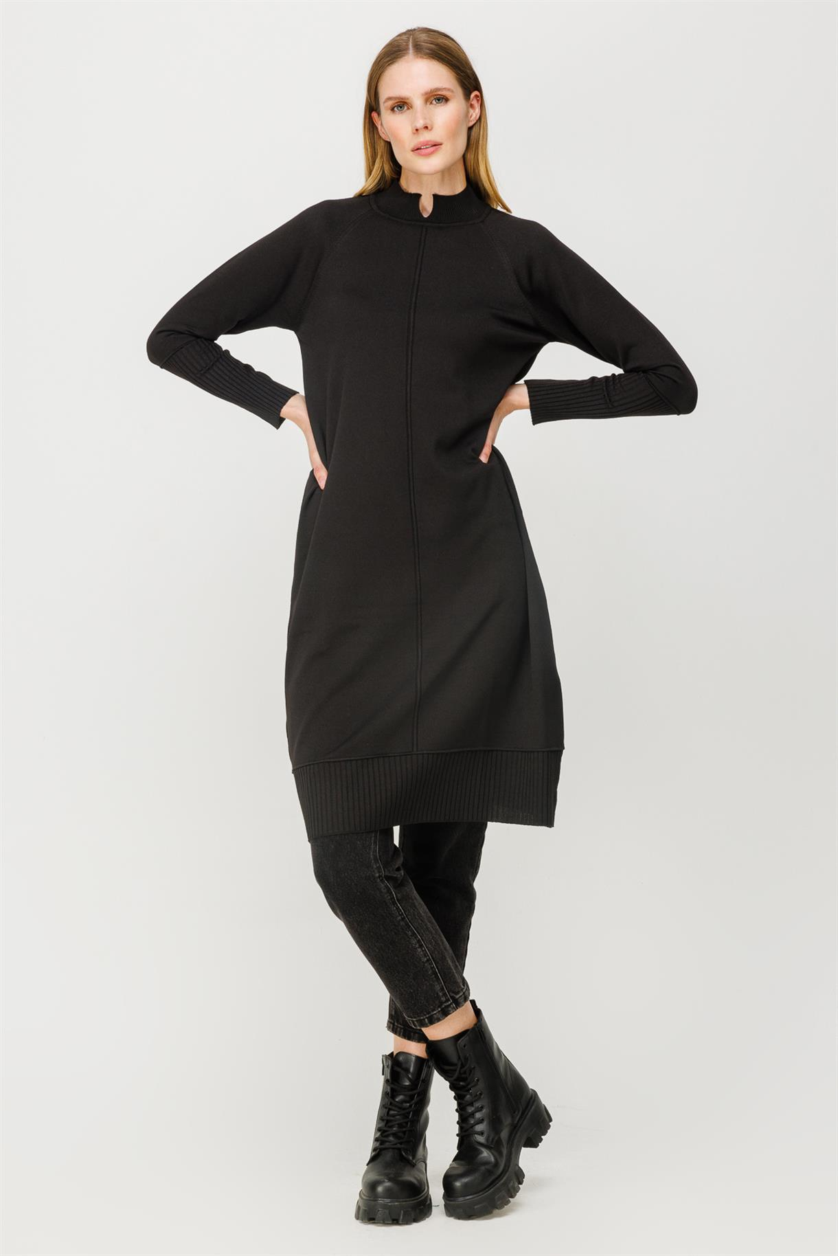 Yarım Balıkçı Reglan Kol Basic Triko Tunik - SİYAH