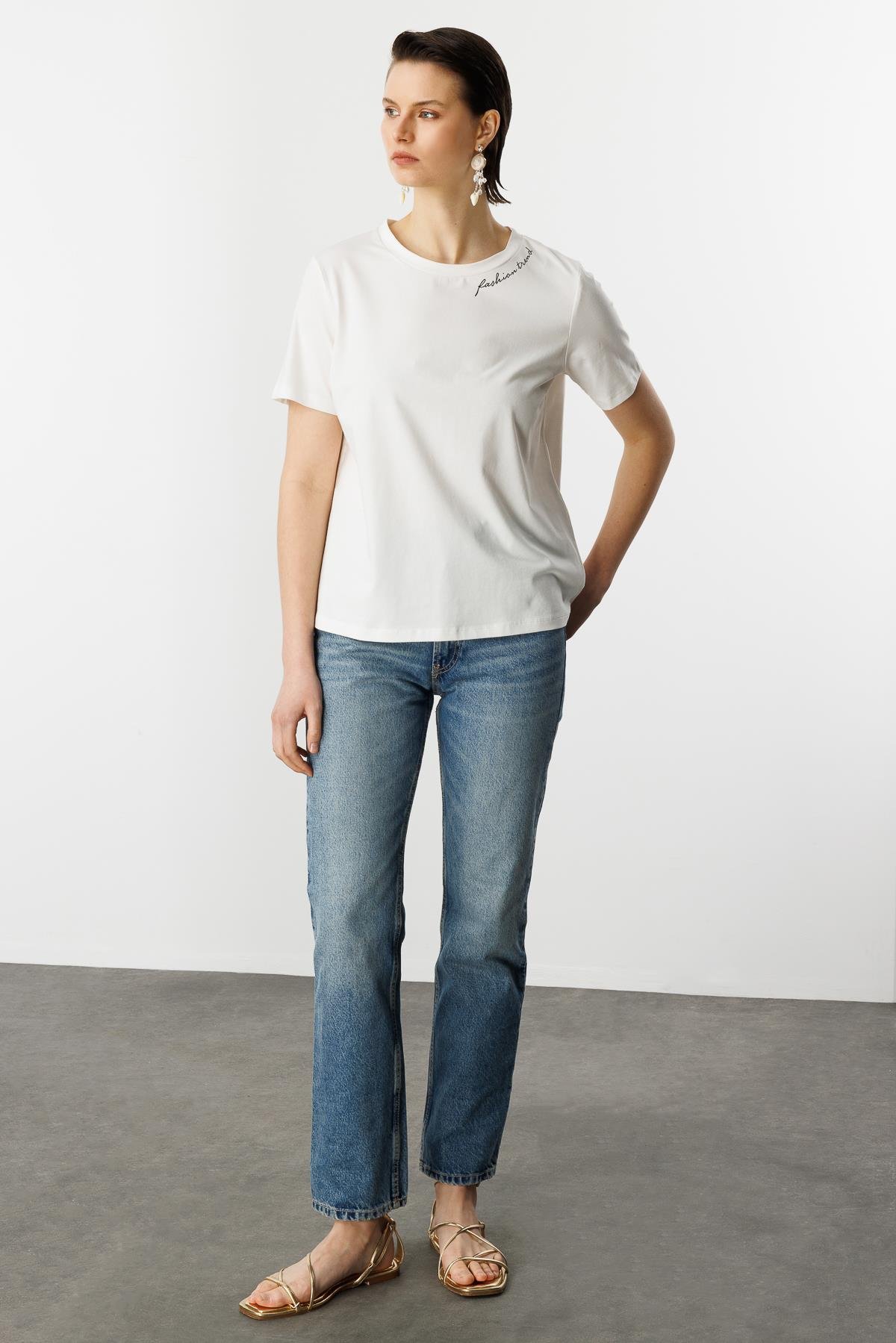 Yazı Detay Pamuklu Bluz-KEMIK