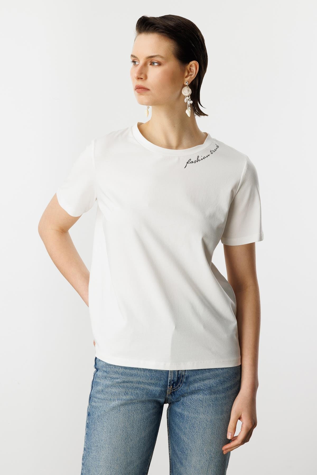 Yazı Detay Pamuklu Bluz-KEMIK