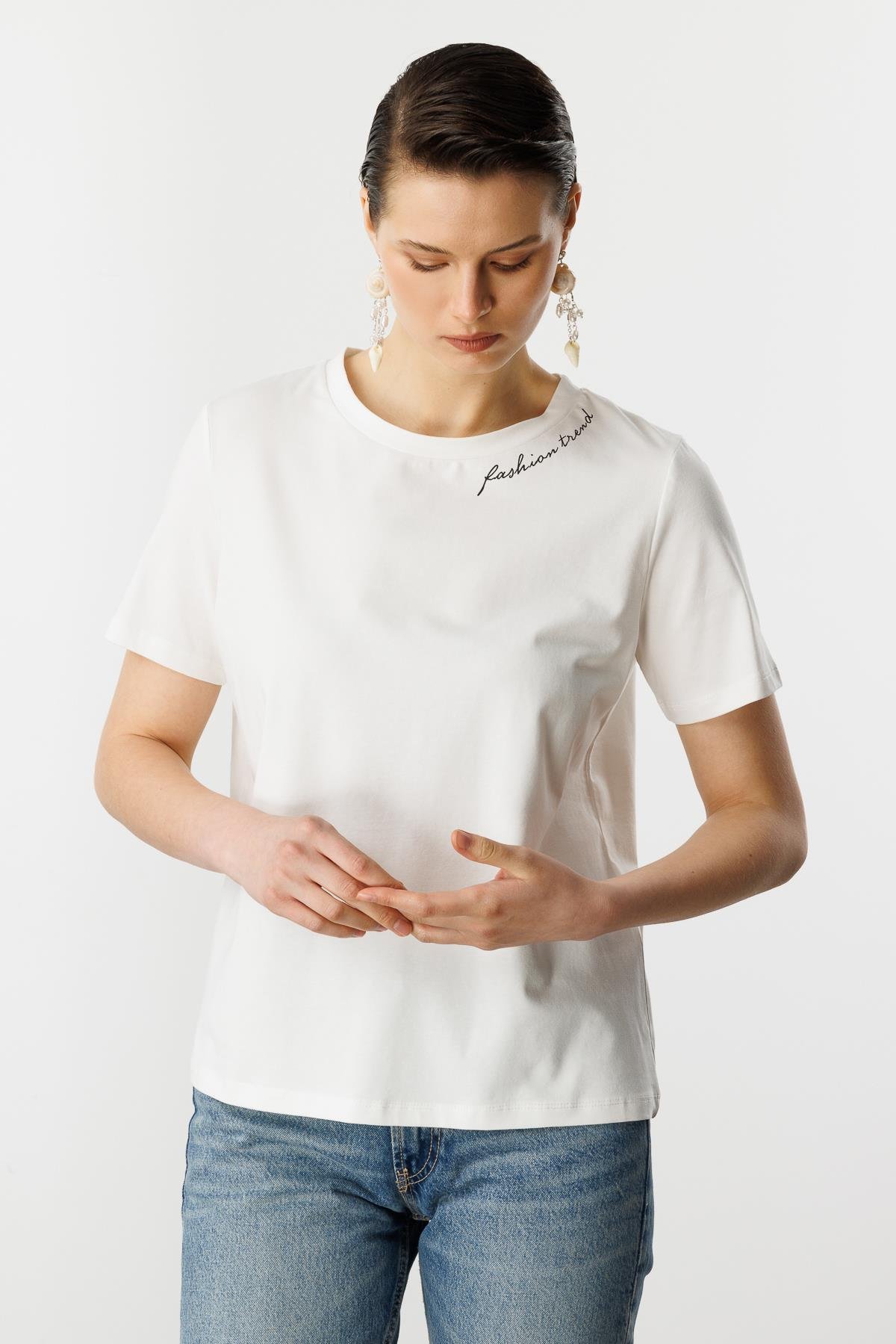 Yazı Detay Pamuklu Bluz-KEMIK