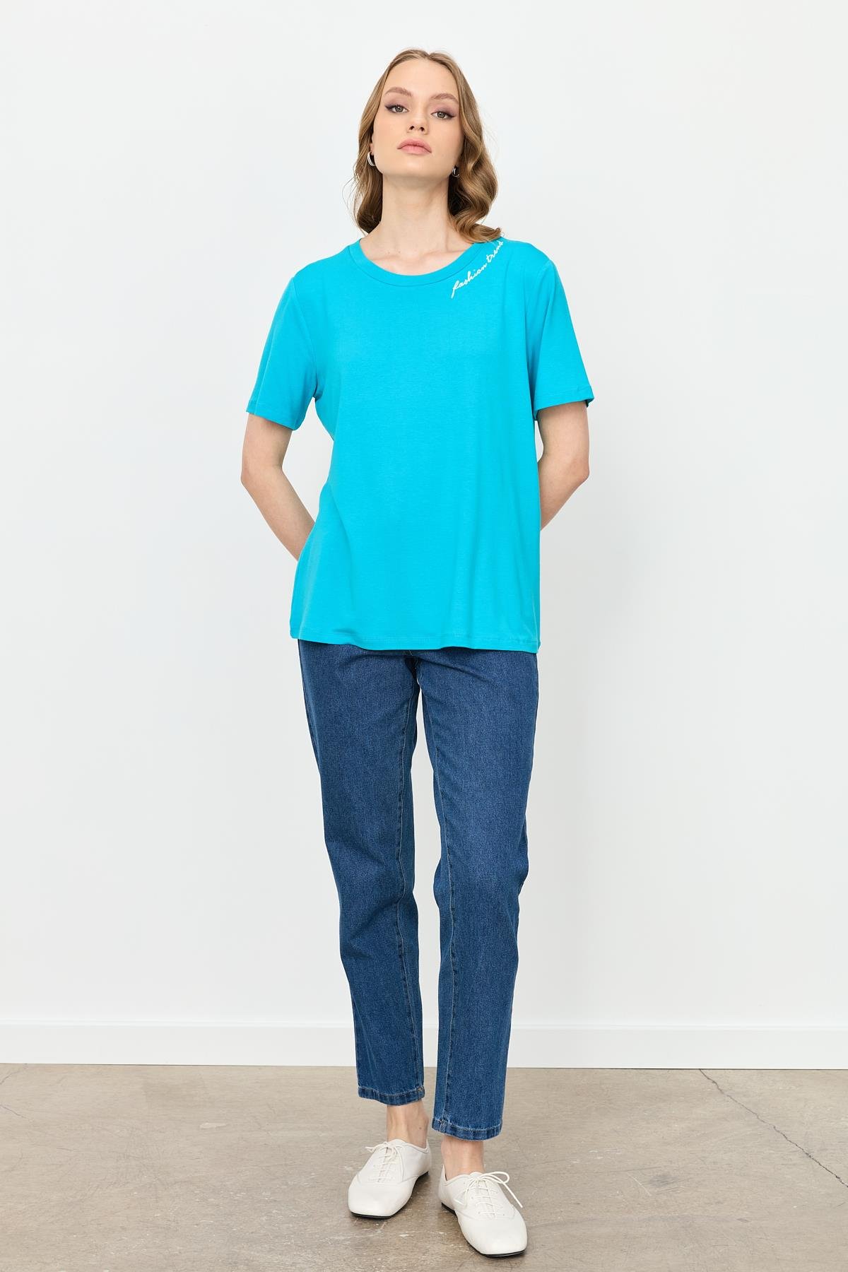 Yazı Detay Pamuklu Bluz-TURKUAZ