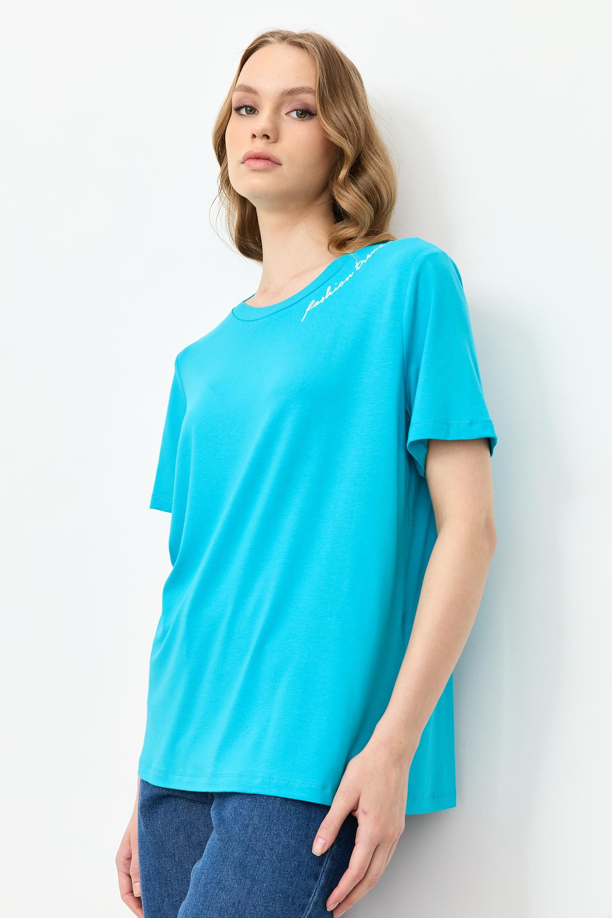Yazı Detay Pamuklu Bluz-TURKUAZ