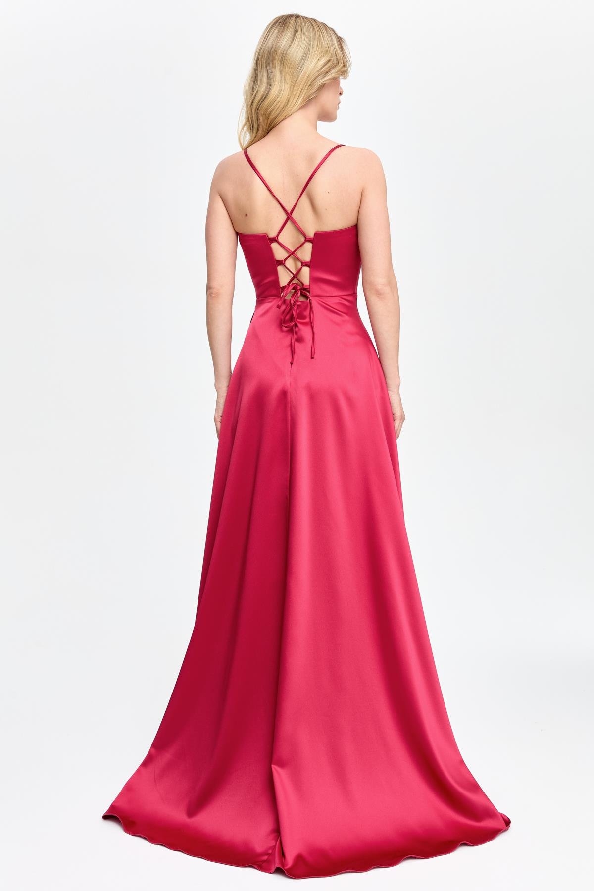 Yırtmaçlı Uzun Saten Abiye - BORDO