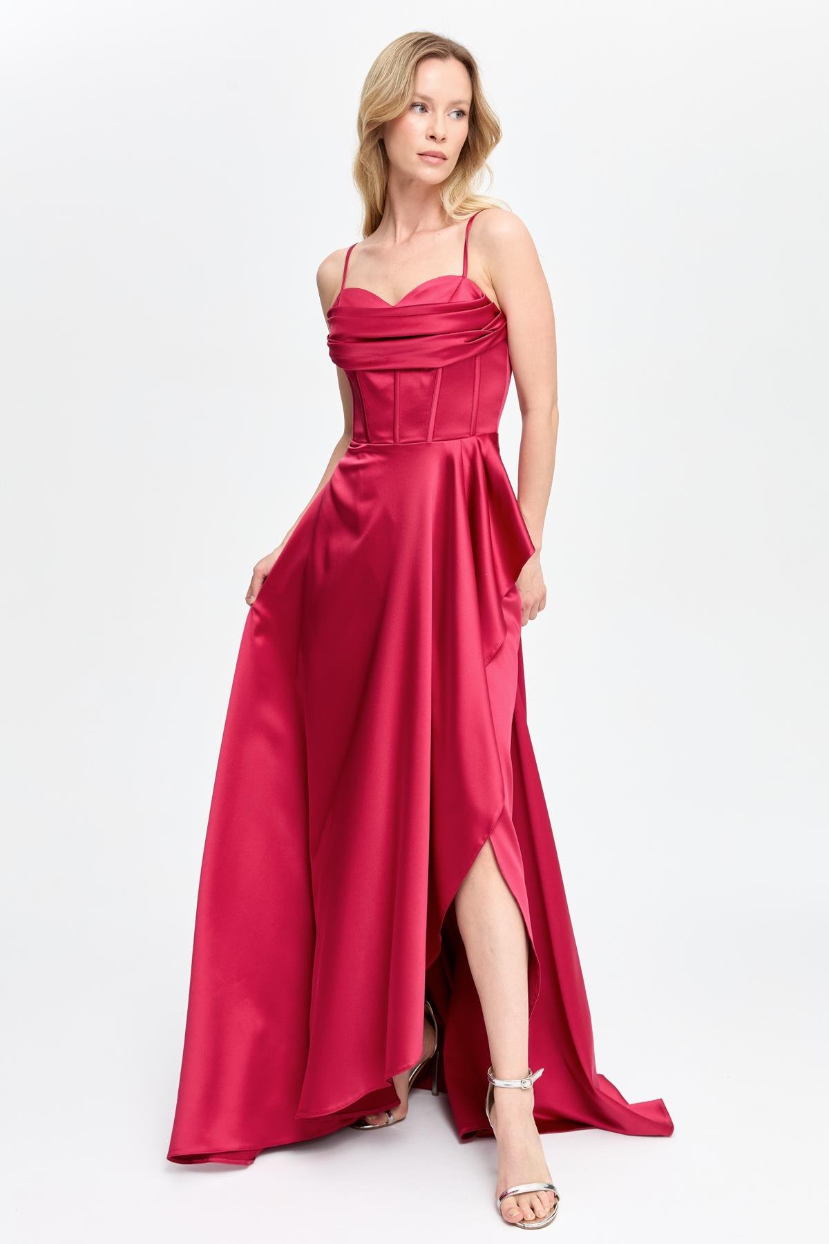 Yırtmaçlı Uzun Saten Abiye - BORDO