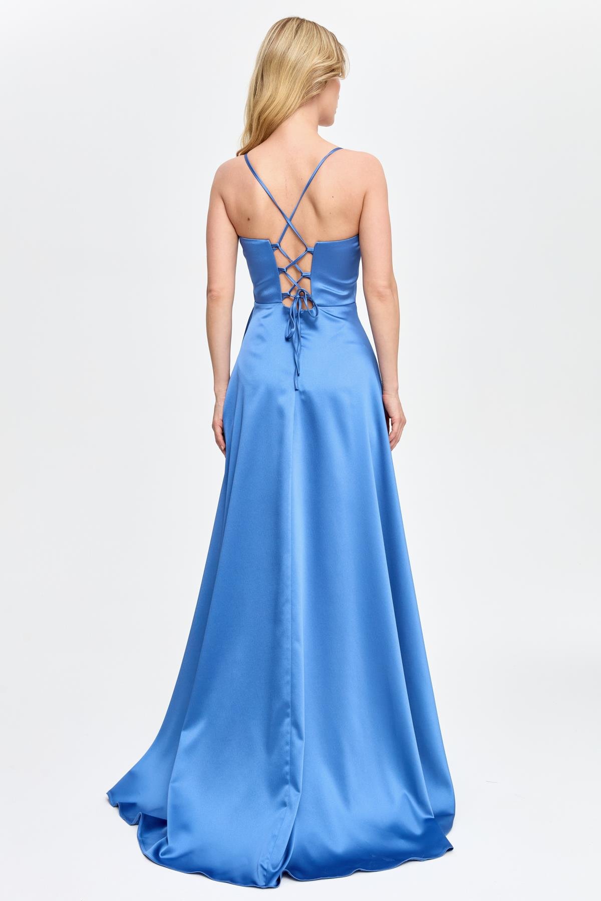 Yırtmaçlı Uzun Saten Abiye - İNDİGO