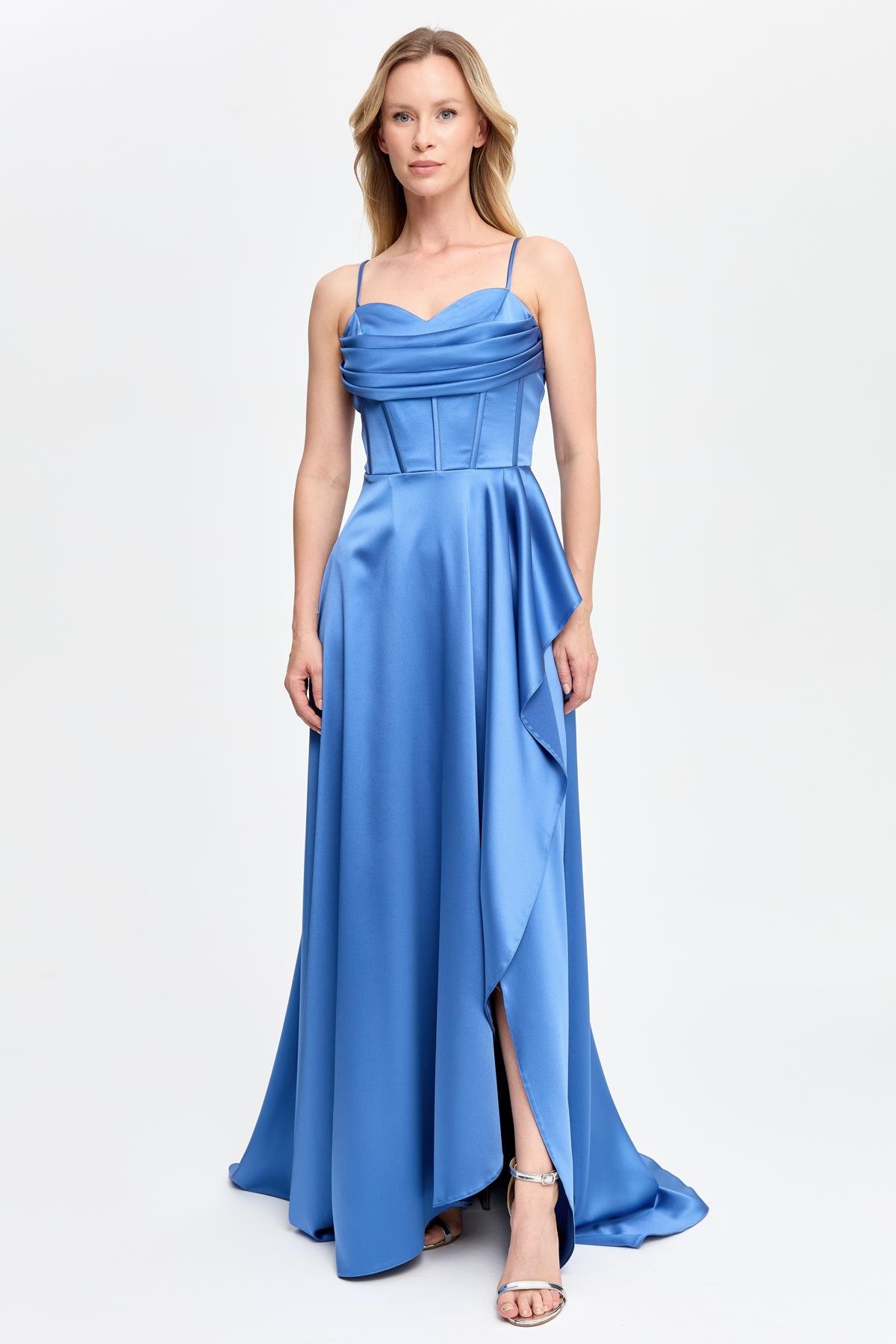 Yırtmaçlı Uzun Saten Abiye - İNDİGO