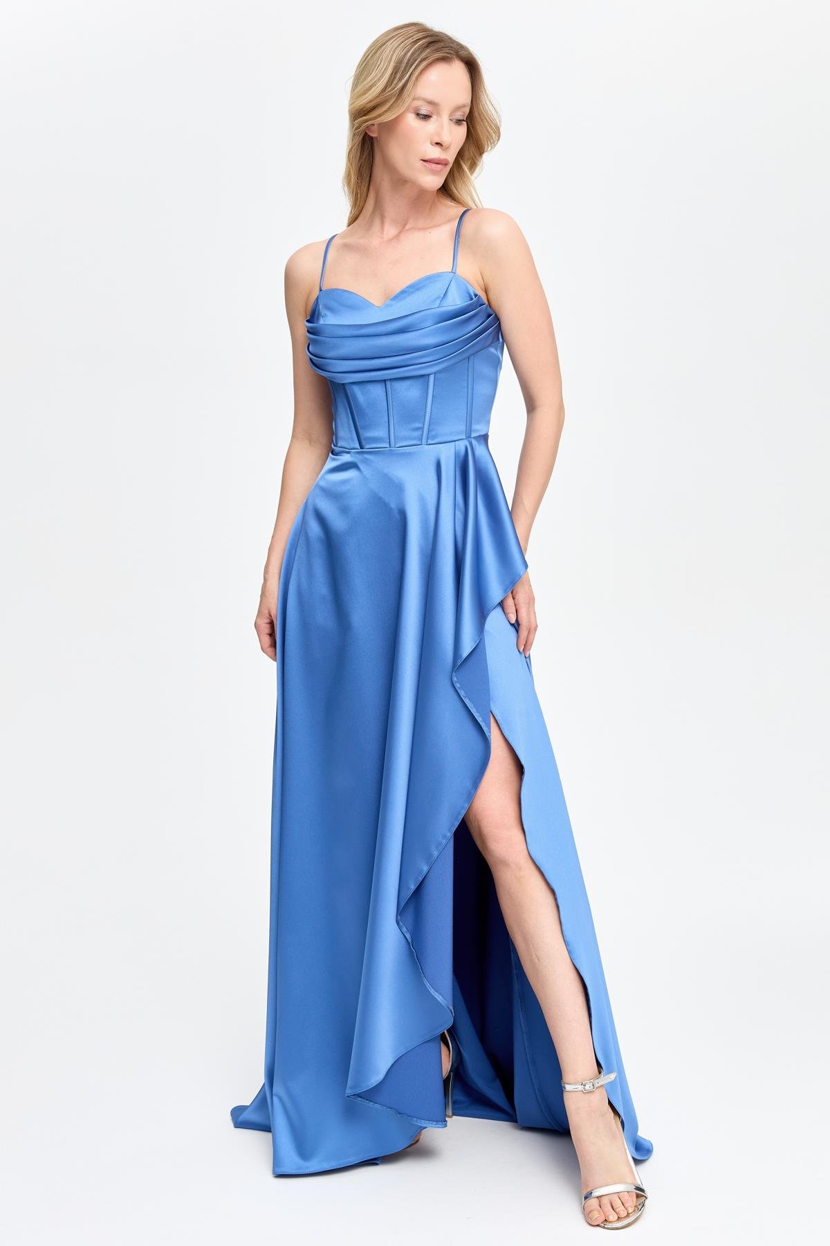 Yırtmaçlı Uzun Saten Abiye - İNDİGO