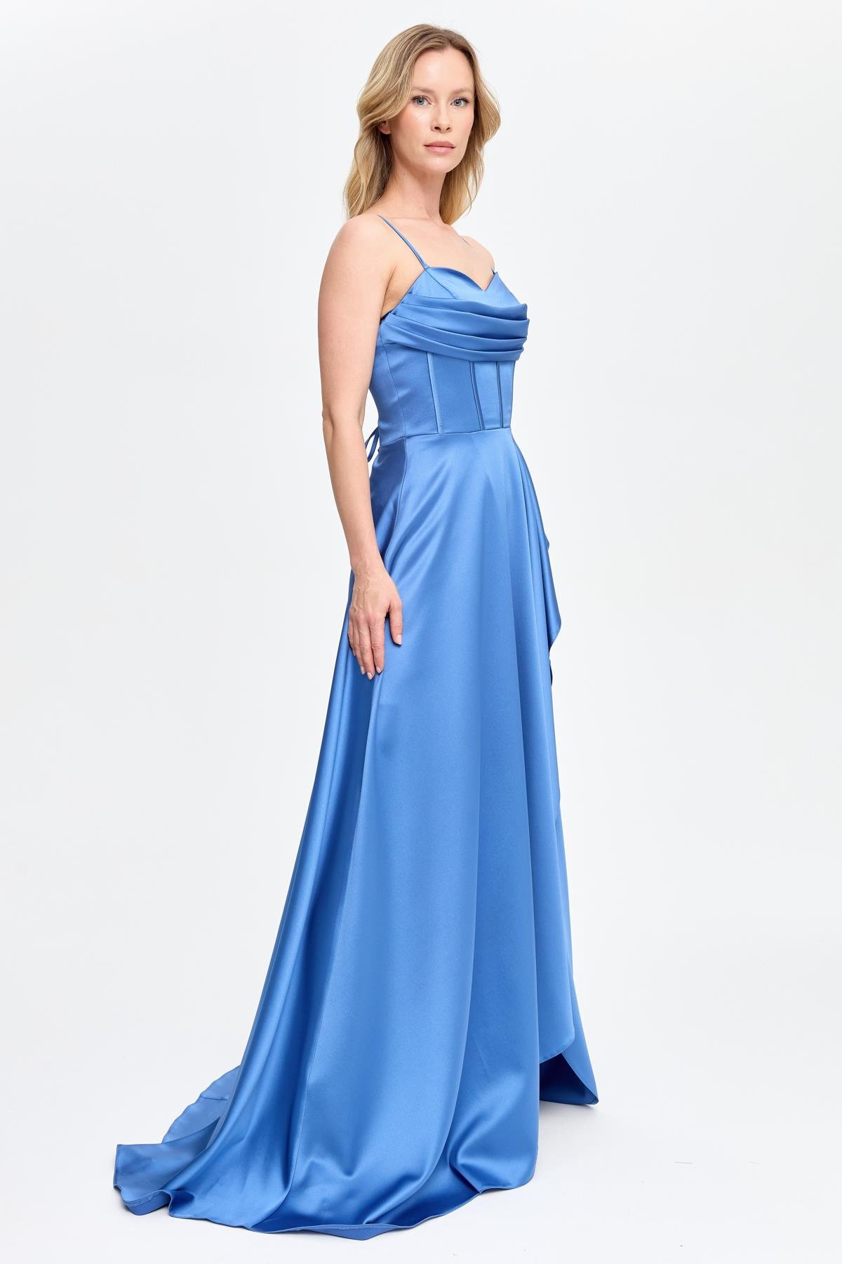 Yırtmaçlı Uzun Saten Abiye - İNDİGO