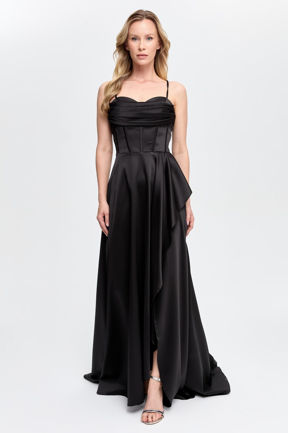 Yırtmaçlı Uzun Saten Abiye - SİYAH