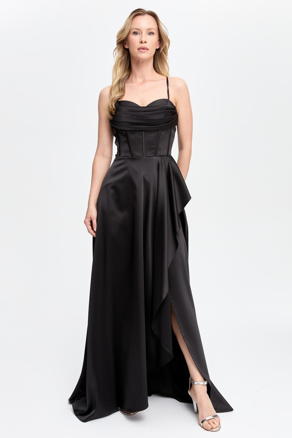 Yırtmaçlı Uzun Saten Abiye - SİYAH