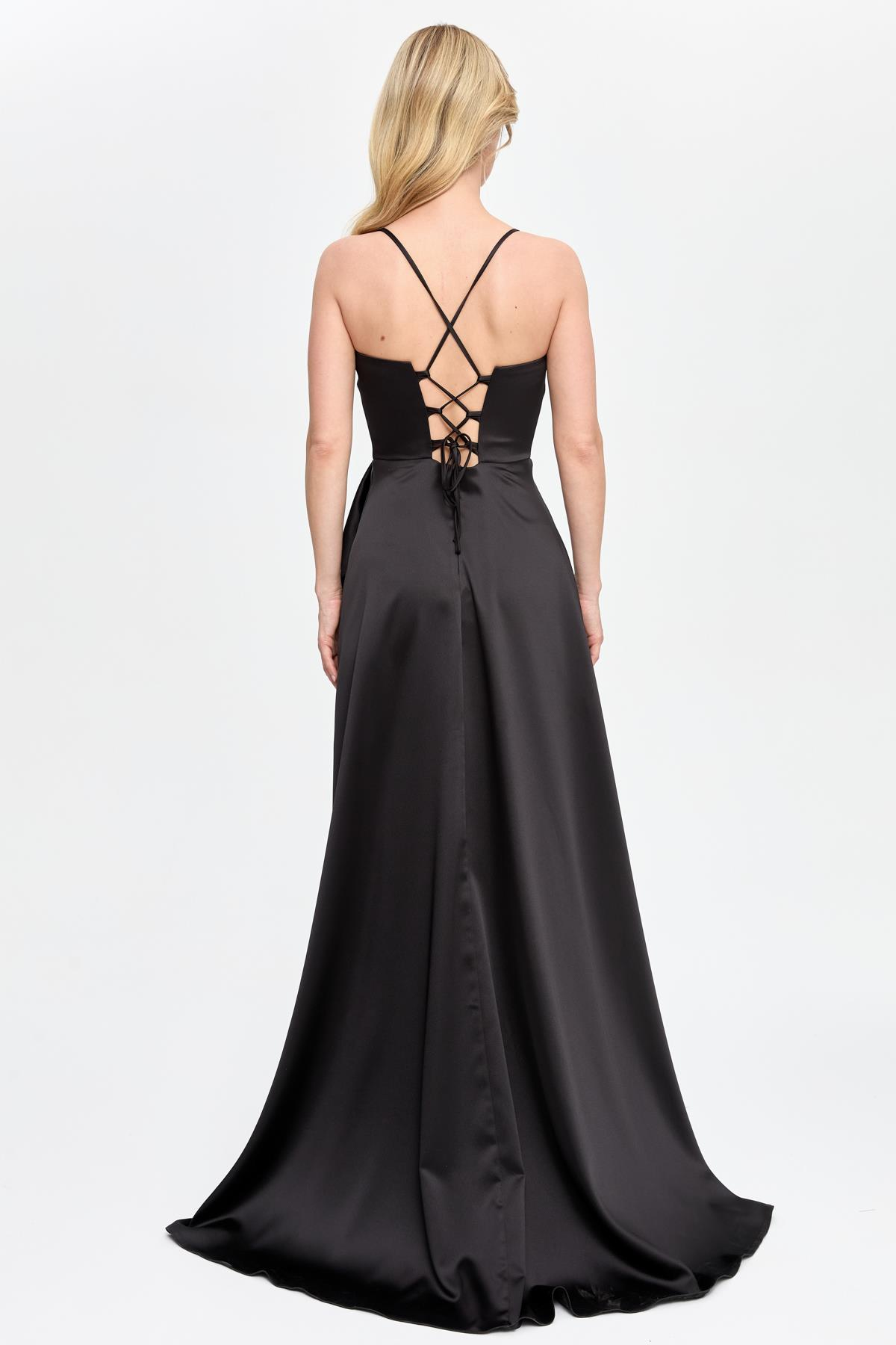 Yırtmaçlı Uzun Saten Abiye - SİYAH