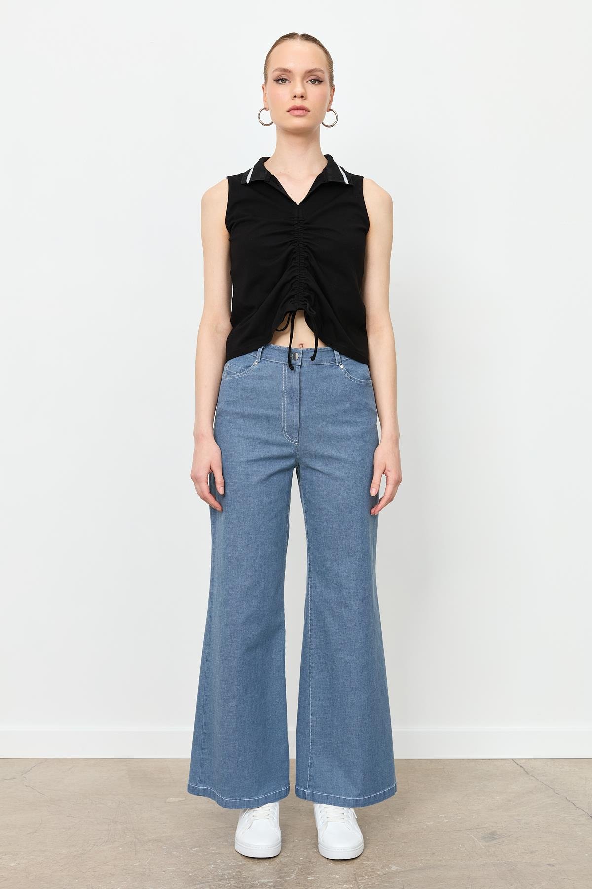 Yüksek Bel Bol Paça Kot Pantolon-MAVİ