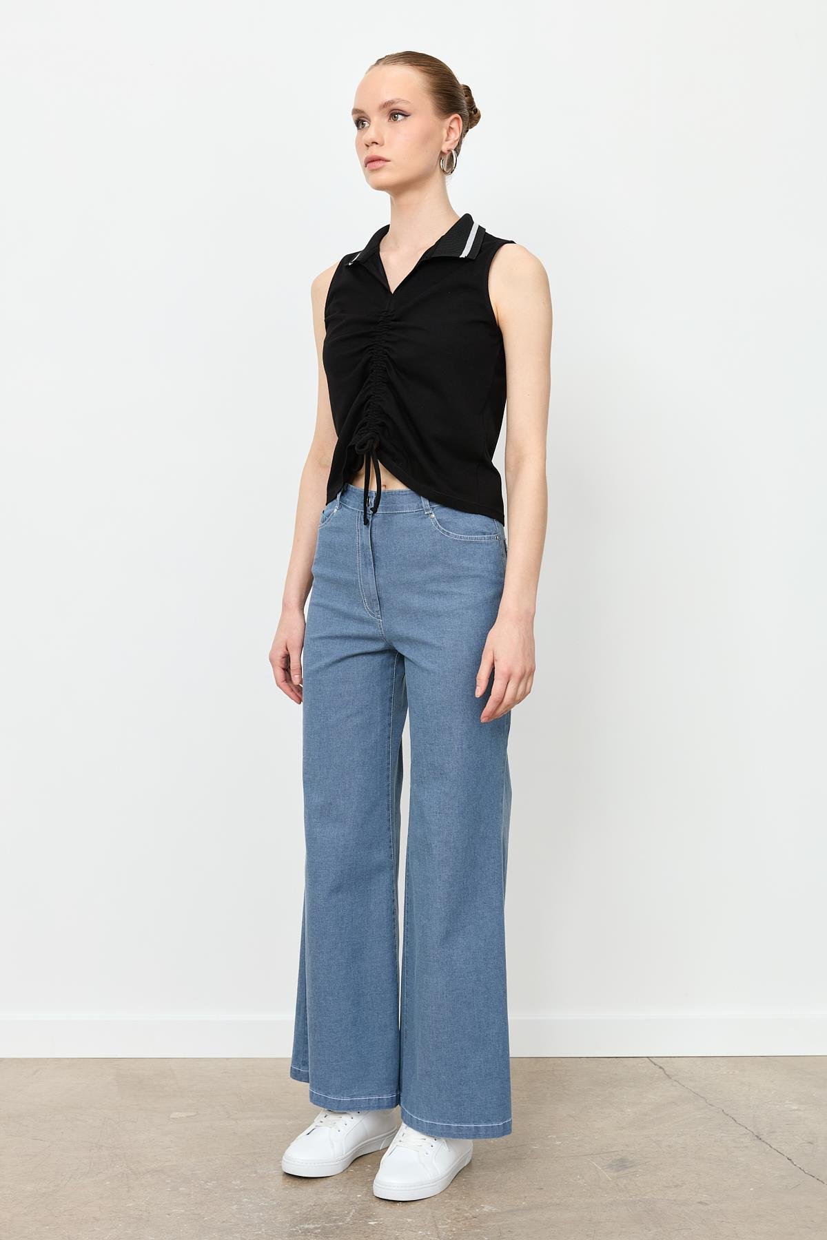 Yüksek Bel Bol Paça Kot Pantolon-MAVİ