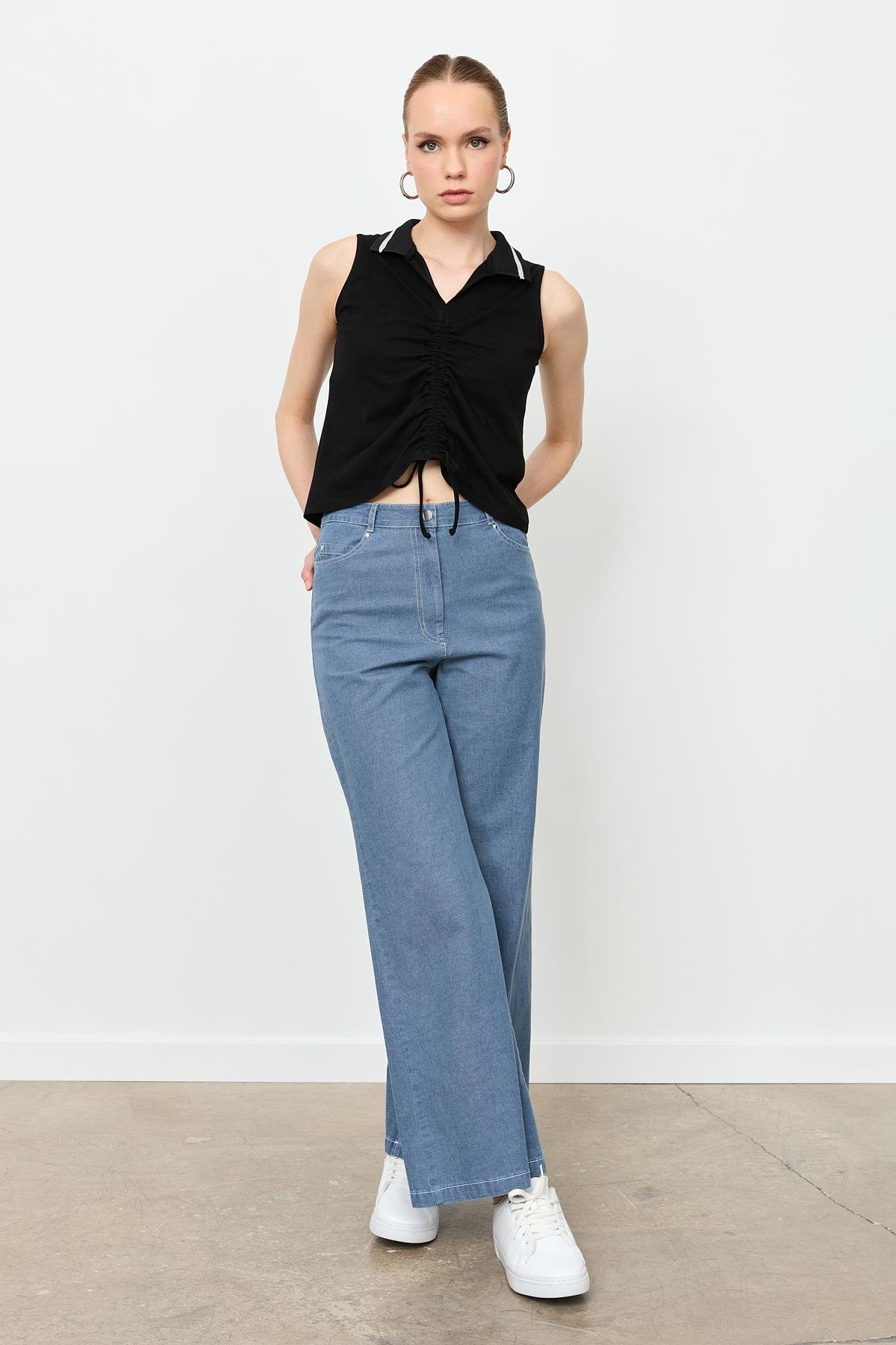 Yüksek Bel Bol Paça Kot Pantolon-MAVİ