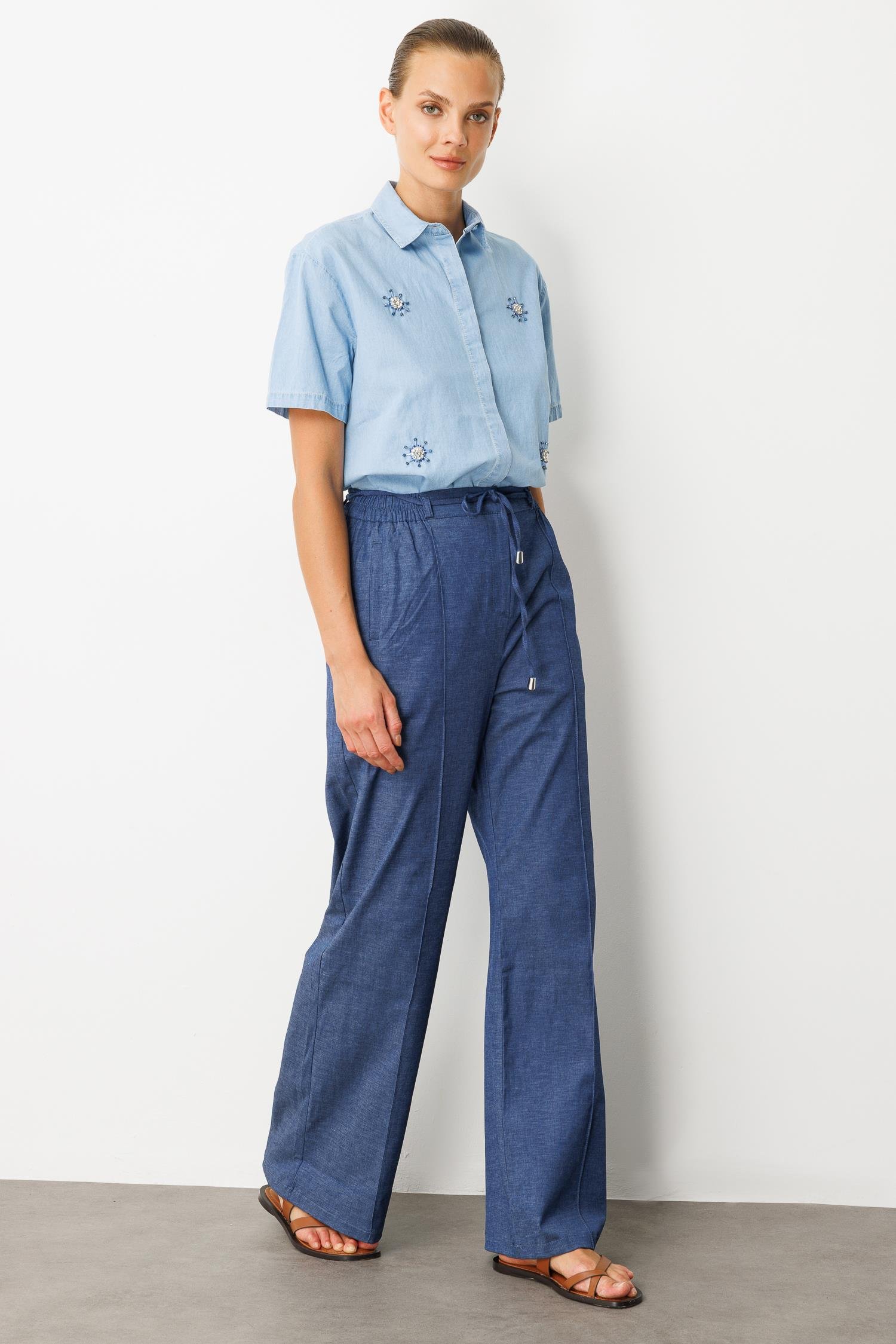 Yüksek Bel Bol Paça Pantolon-İNDİGO