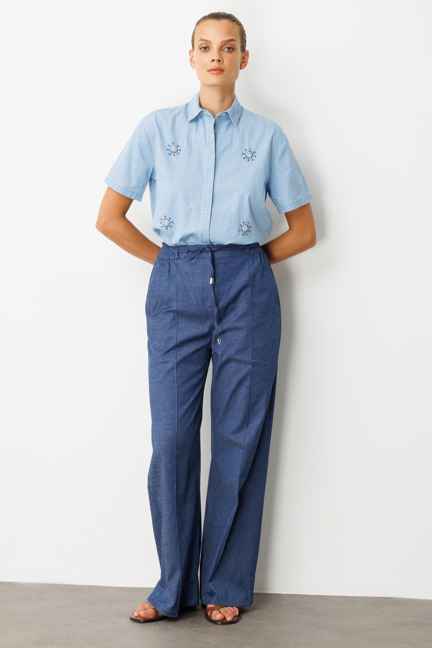 Yüksek Bel Bol Paça Pantolon-İNDİGO