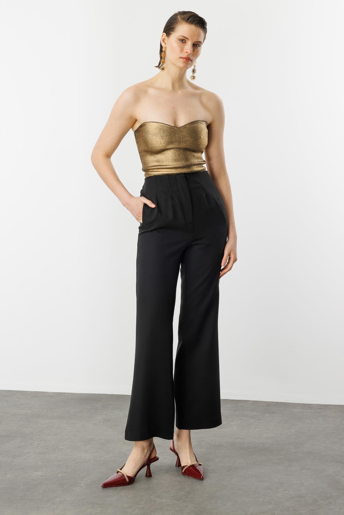 Yüksek Bel Bol Paça Pantolon-SİYAH