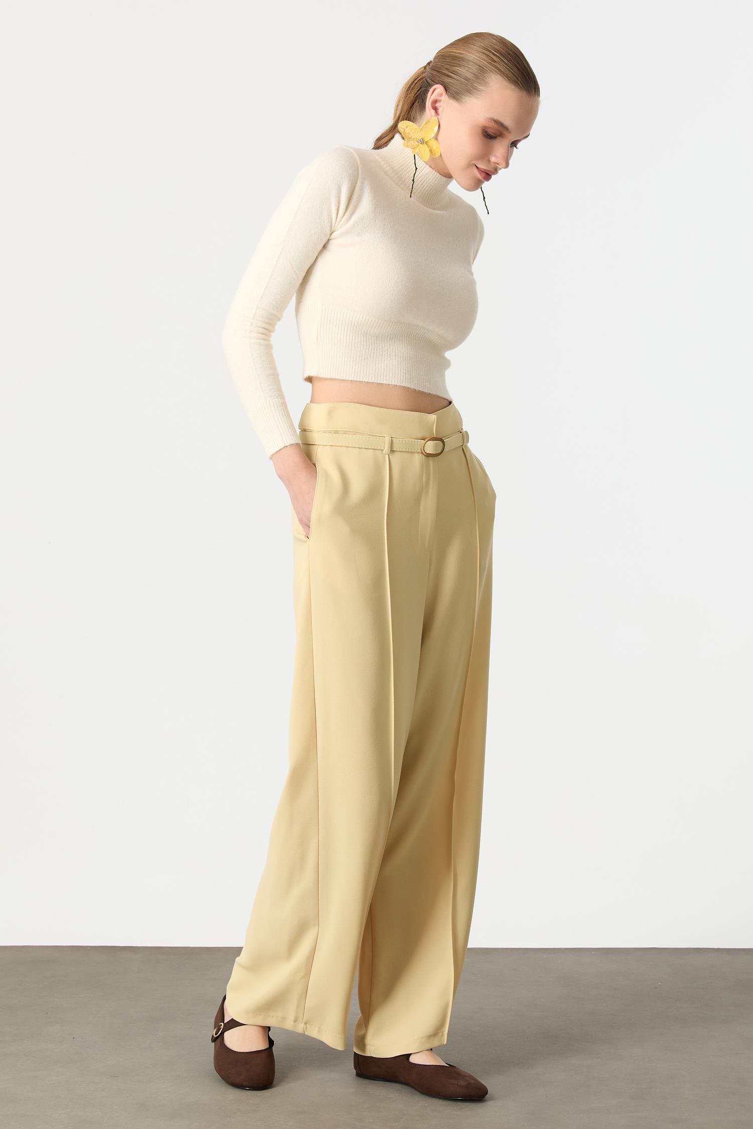 Yüksek Bel Kemer Detay Krep Pantolon-SARI