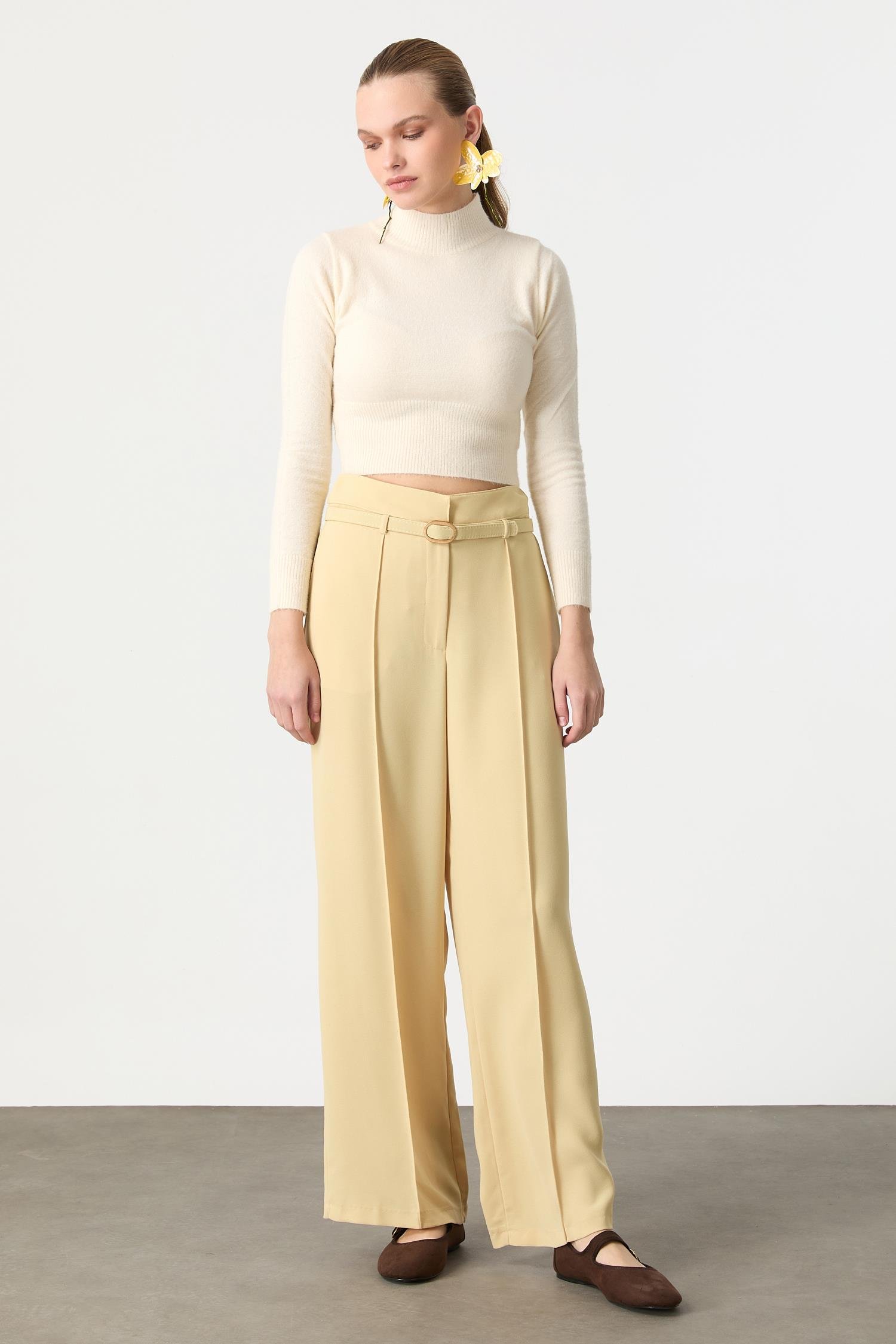 Yüksek Bel Kemer Detay Krep Pantolon-SARI