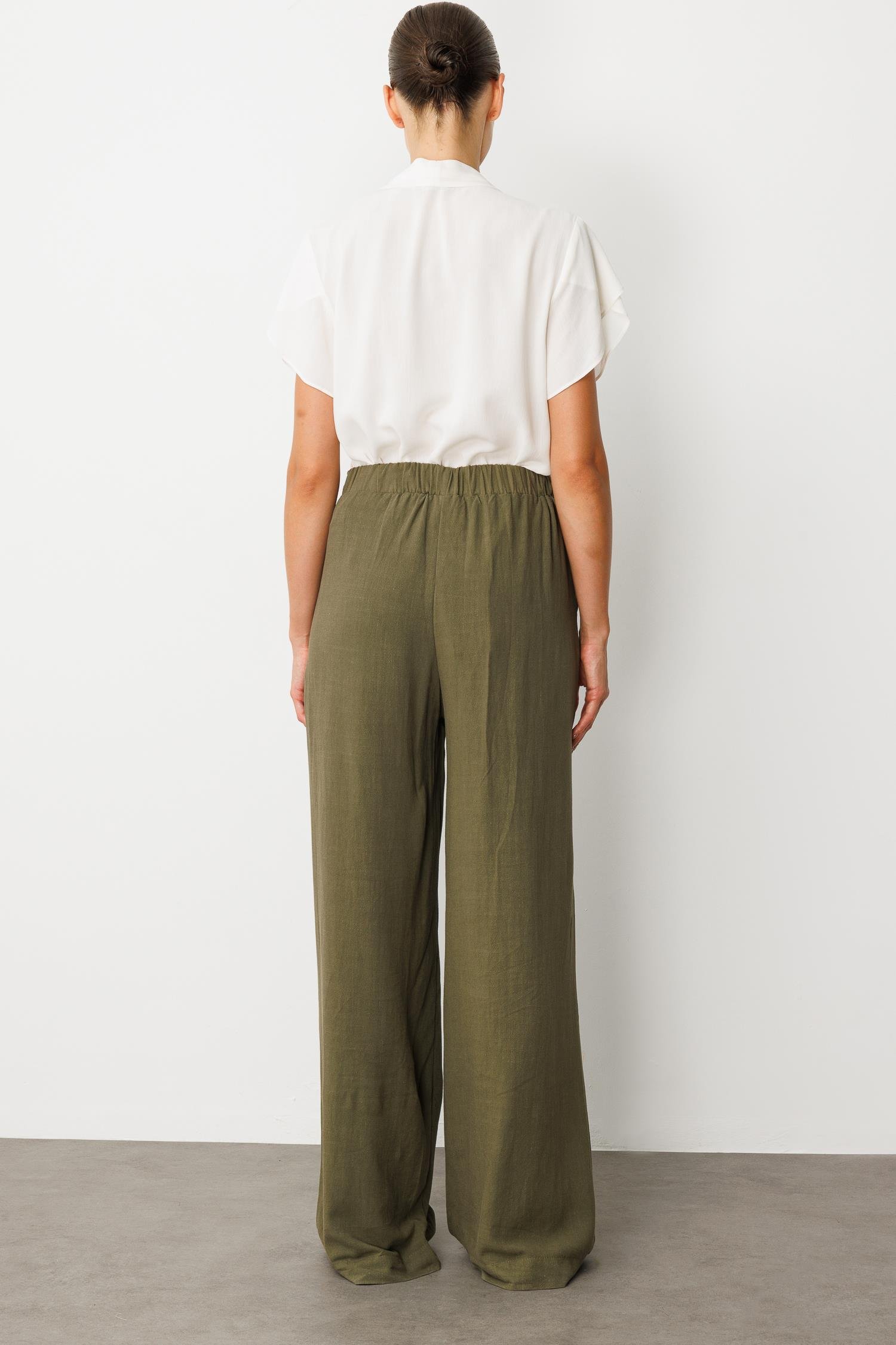 Yüksek Bel Pamuklu Keten Pantolon-HAKİ