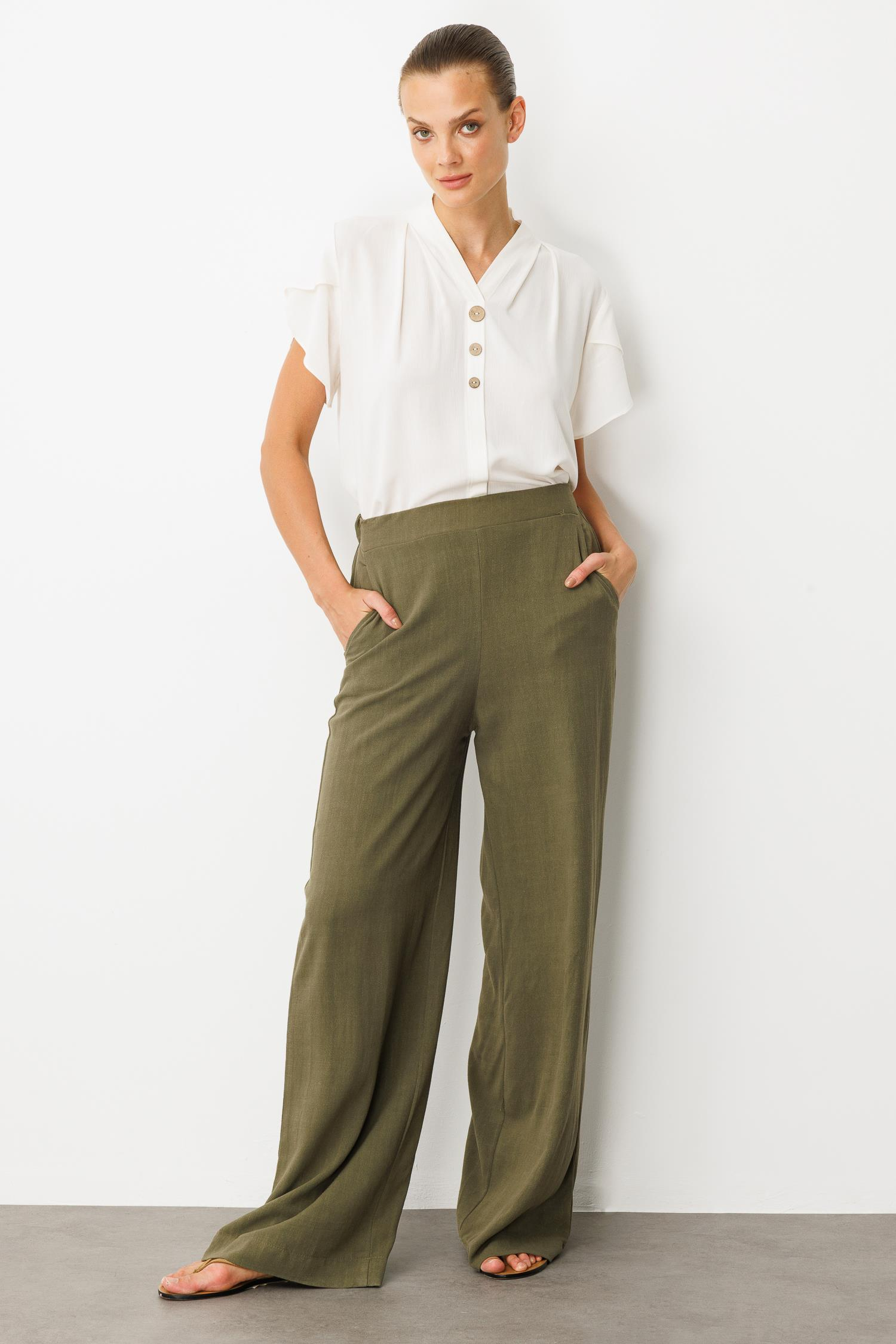 Yüksek Bel Pamuklu Keten Pantolon-HAKİ