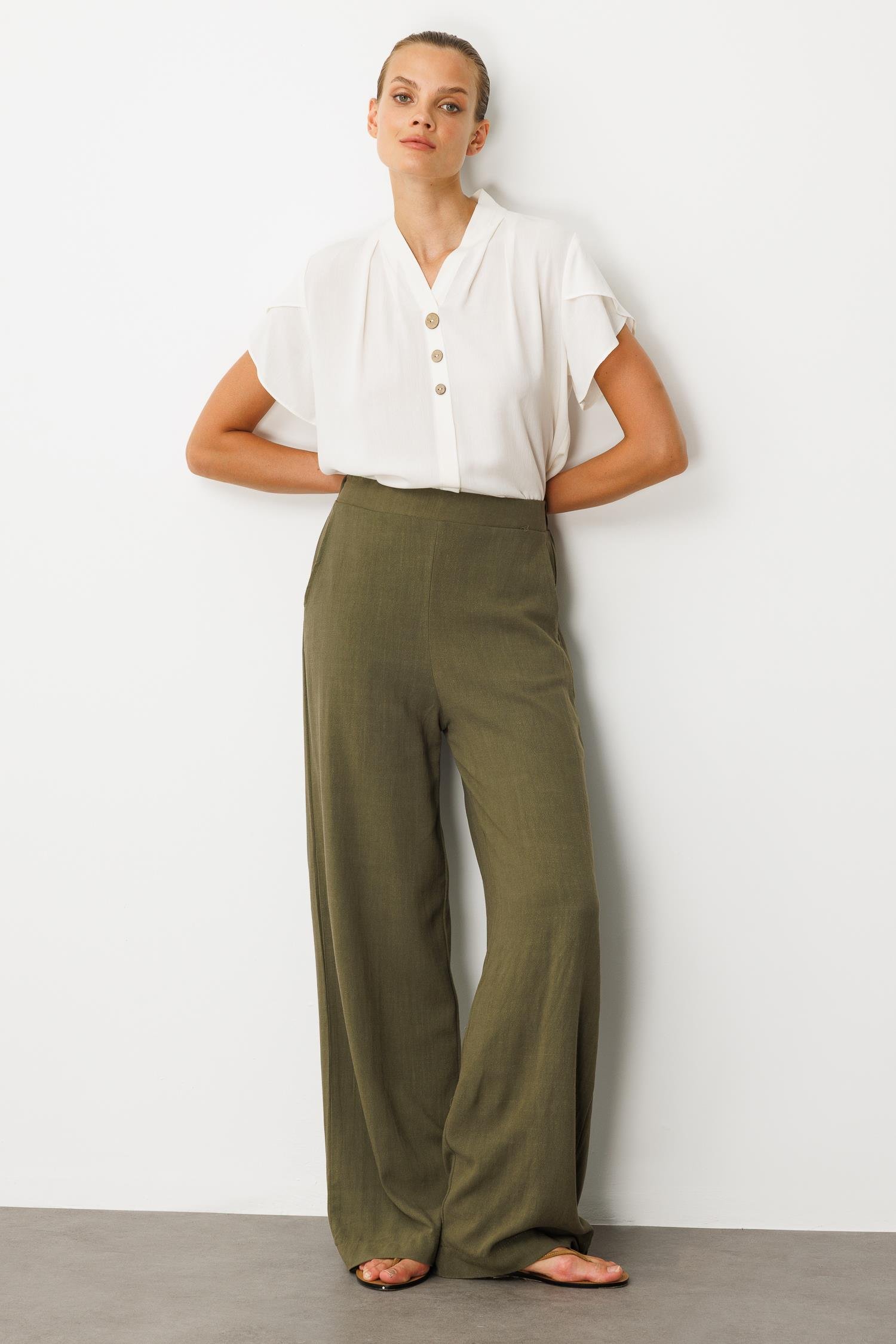 Yüksek Bel Pamuklu Keten Pantolon-HAKİ