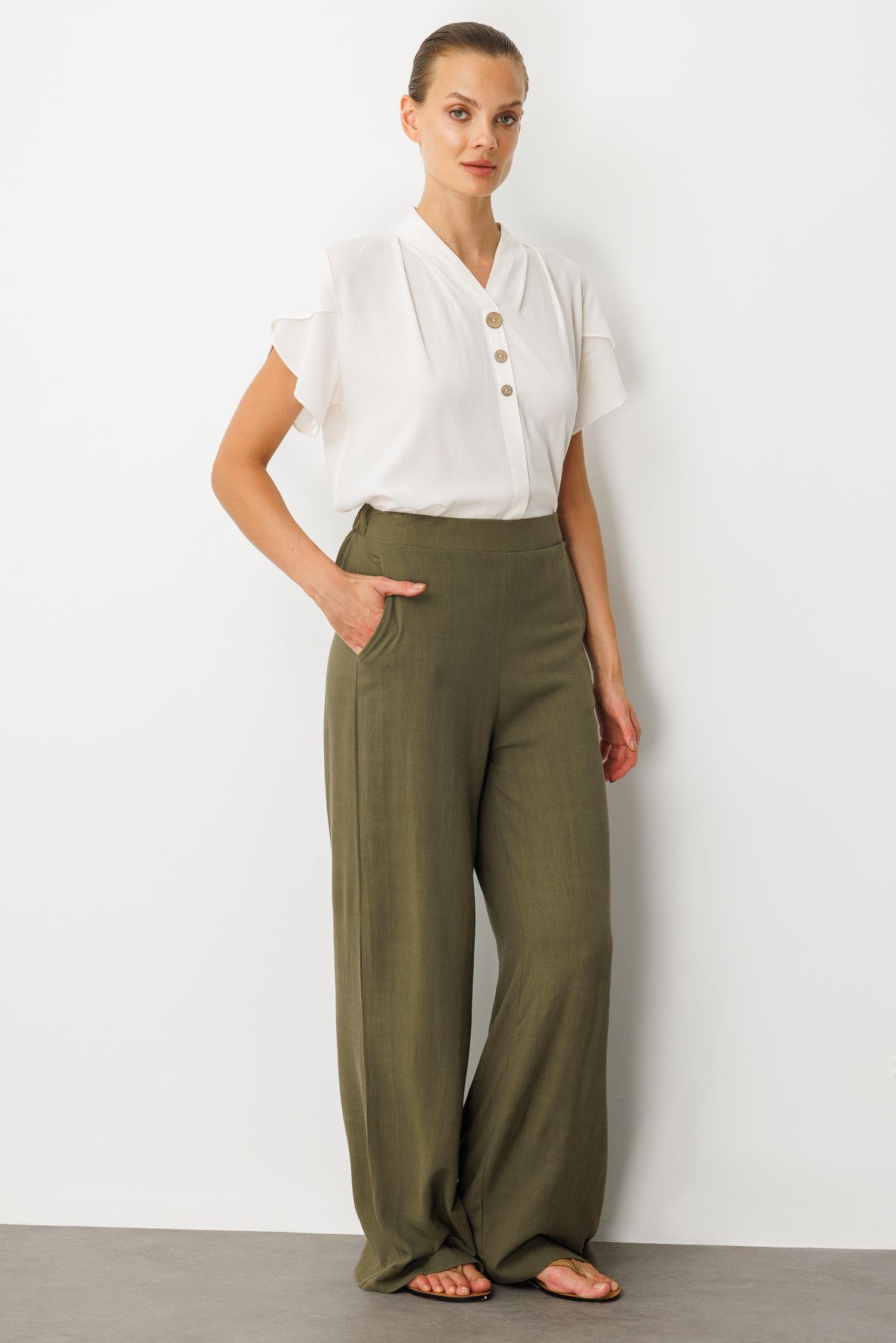 Yüksek Bel Pamuklu Keten Pantolon-HAKİ