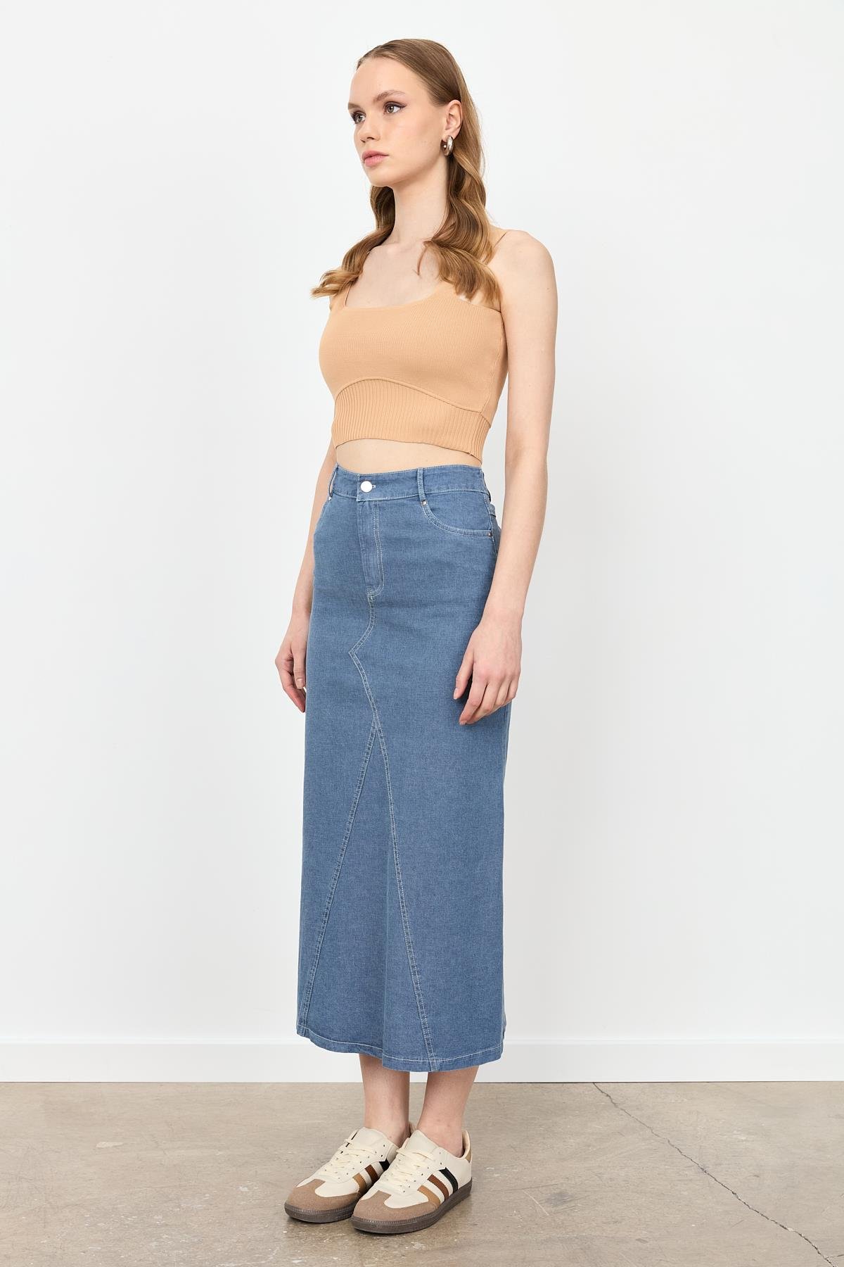 Yüksek Bel Uzun Kot Etek-MAVİ