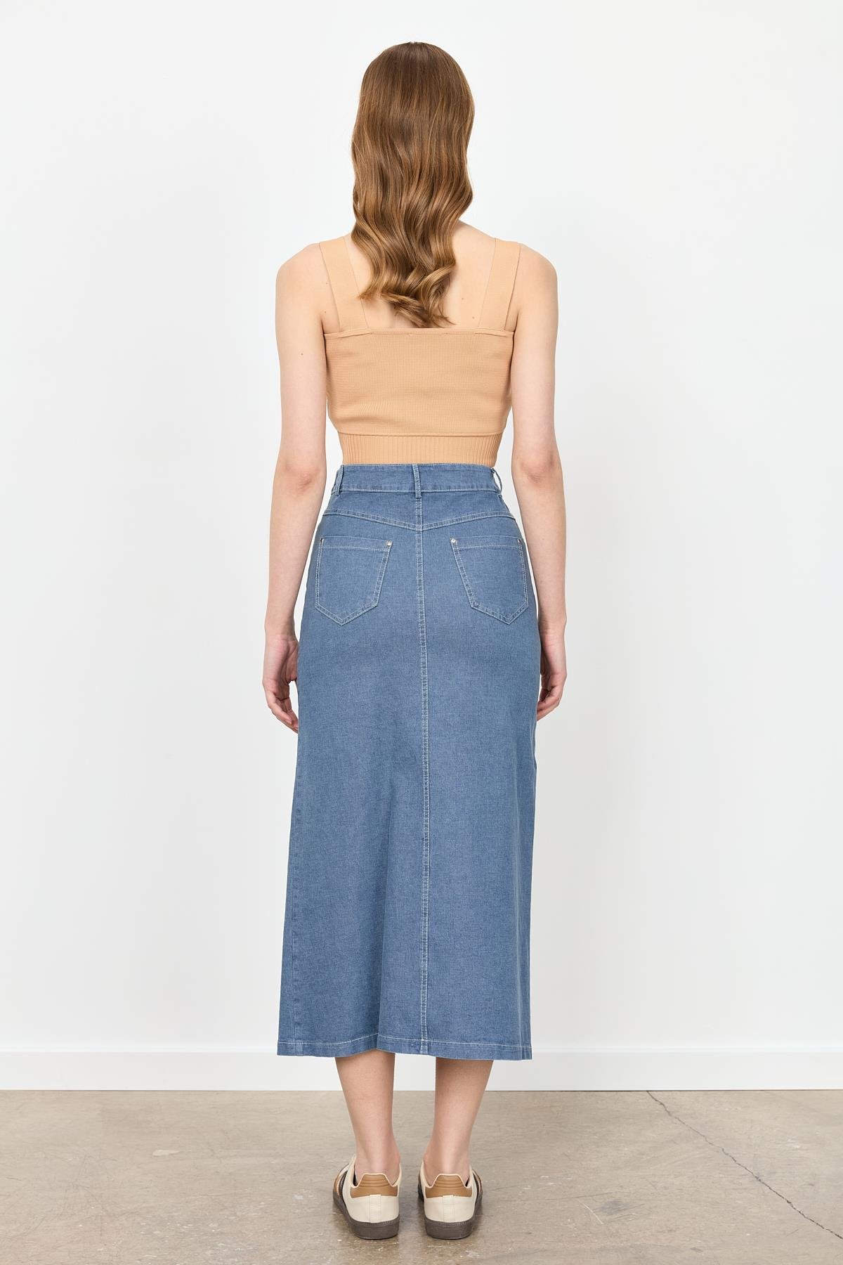 Yüksek Bel Uzun Kot Etek-MAVİ
