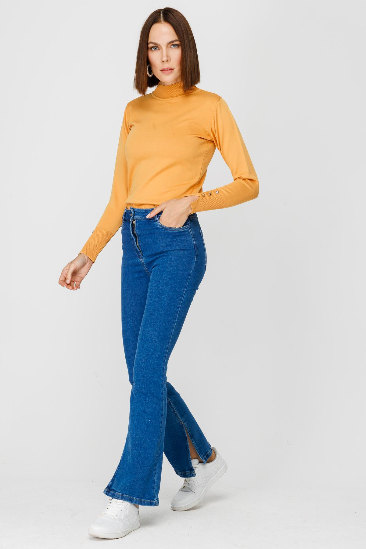 Yüksk Bel Yırtmaçlı Denim Pantolon - MAVİ
