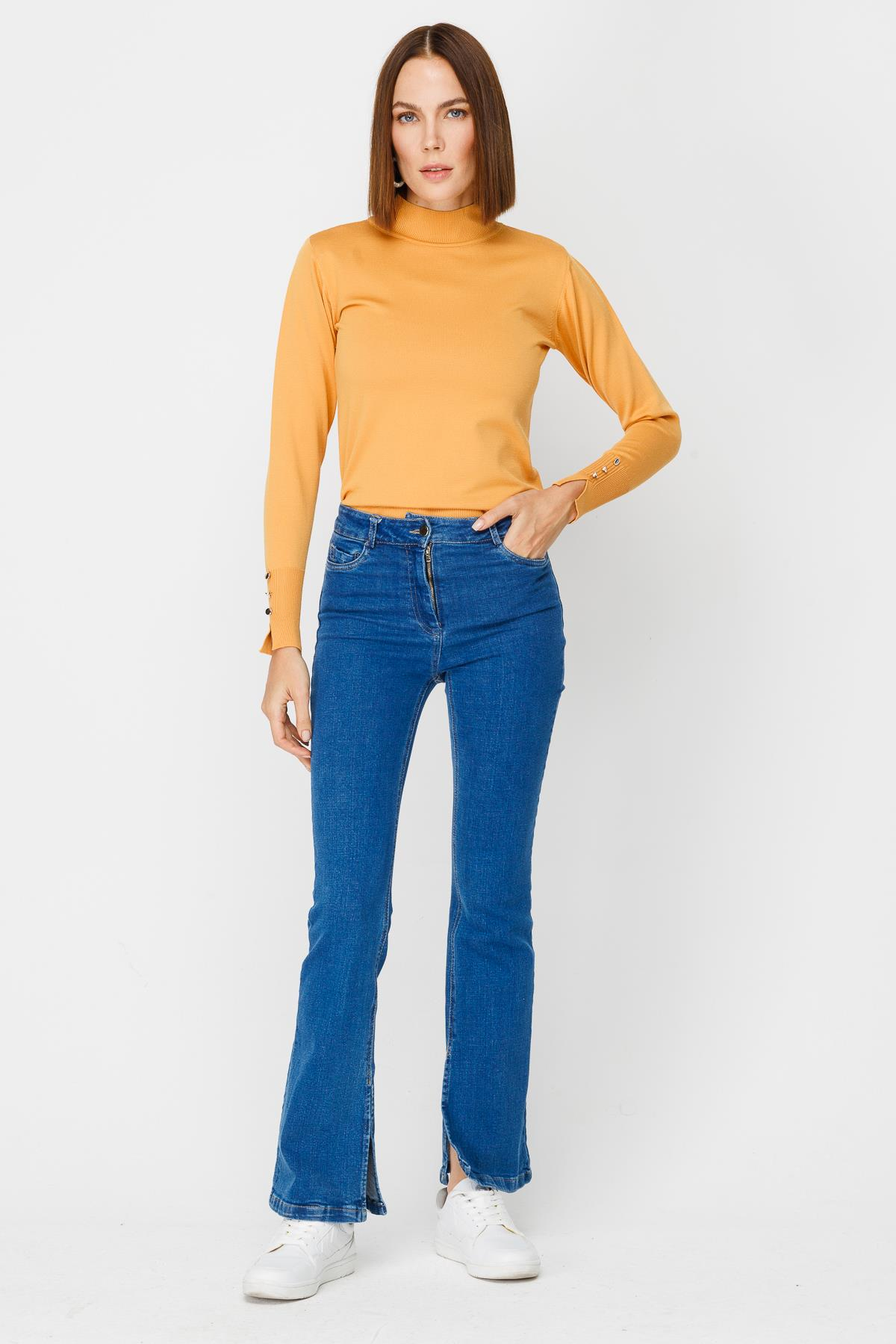 Yüksk Bel Yırtmaçlı Denim Pantolon - MAVİ