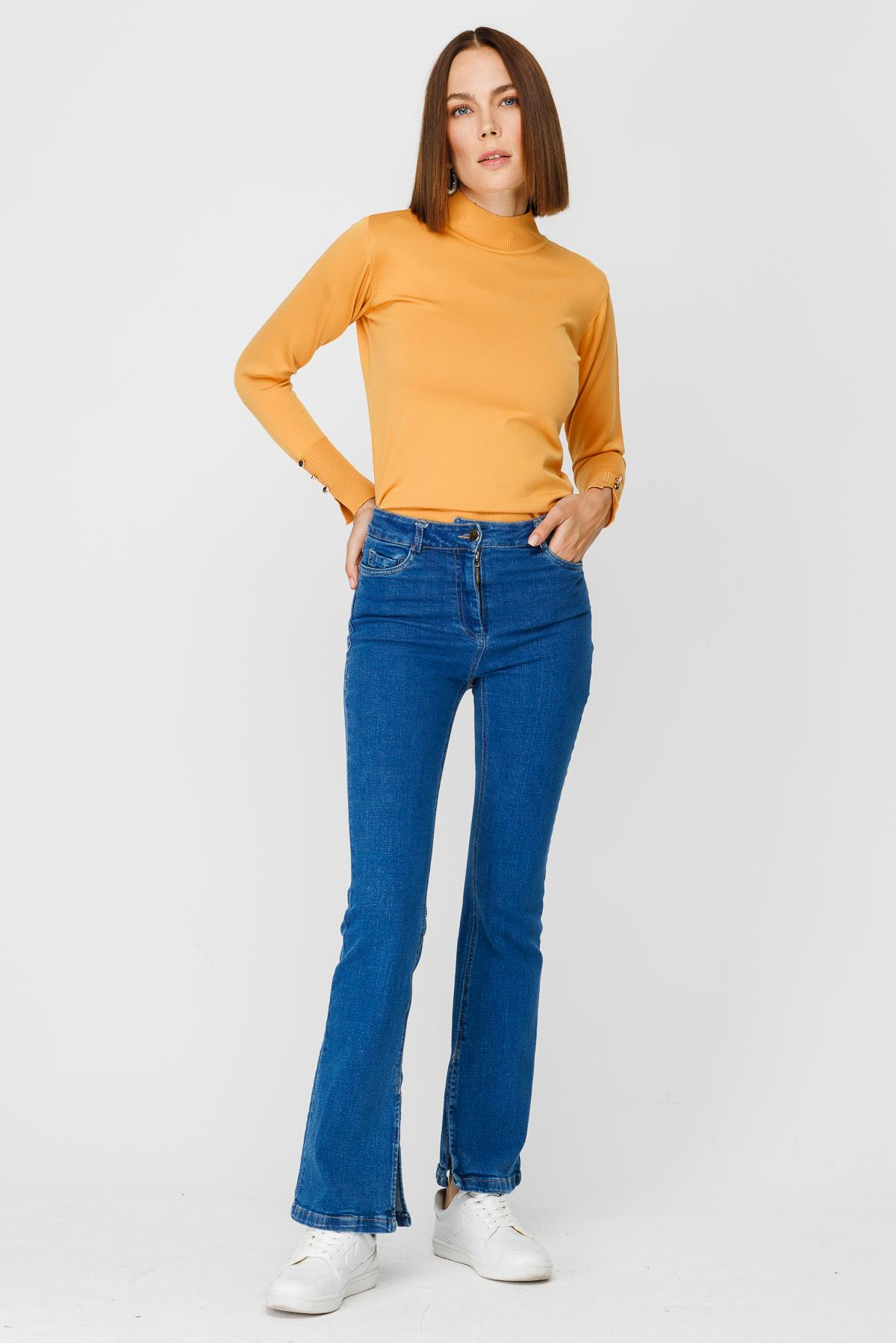 Yüksk Bel Yırtmaçlı Denim Pantolon - MAVİ