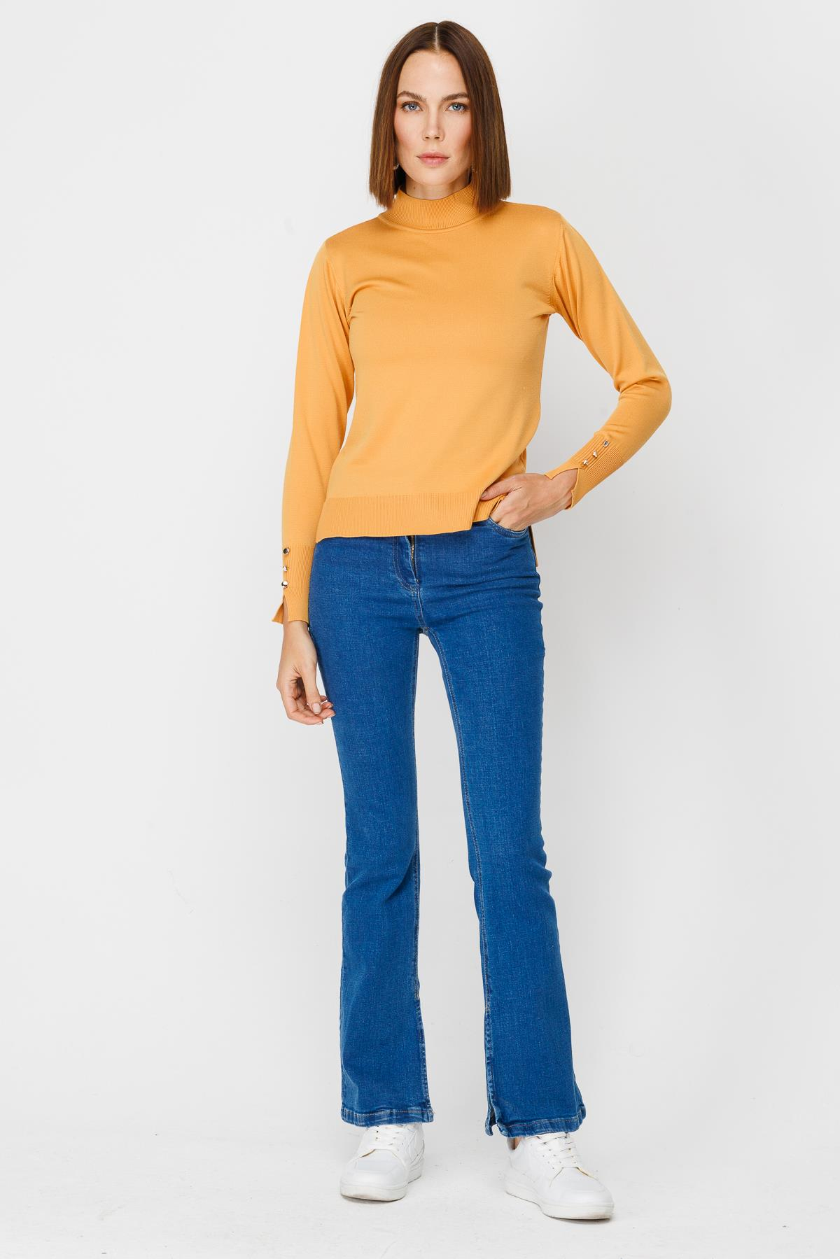 Yüksk Bel Yırtmaçlı Denim Pantolon - MAVİ
