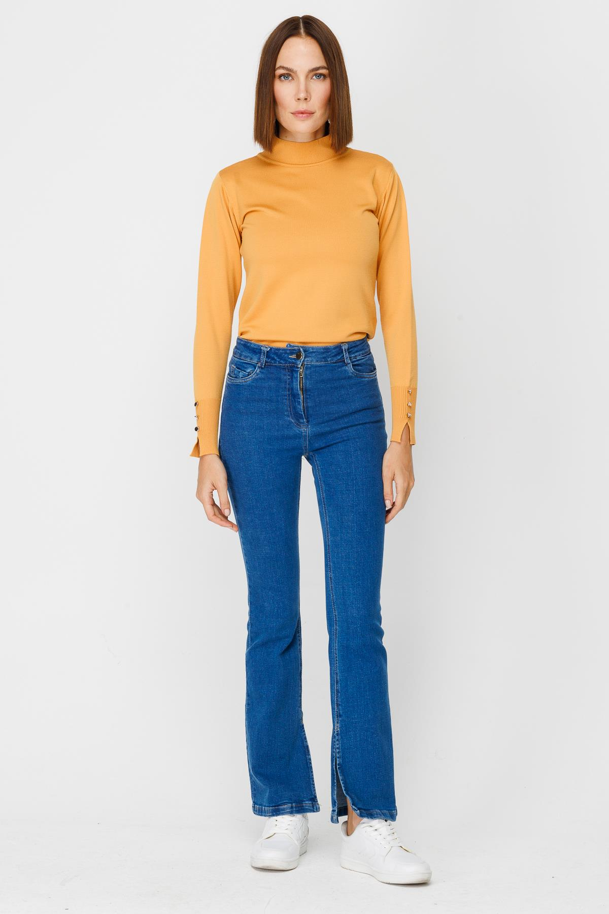 Yüksk Bel Yırtmaçlı Denim Pantolon - MAVİ