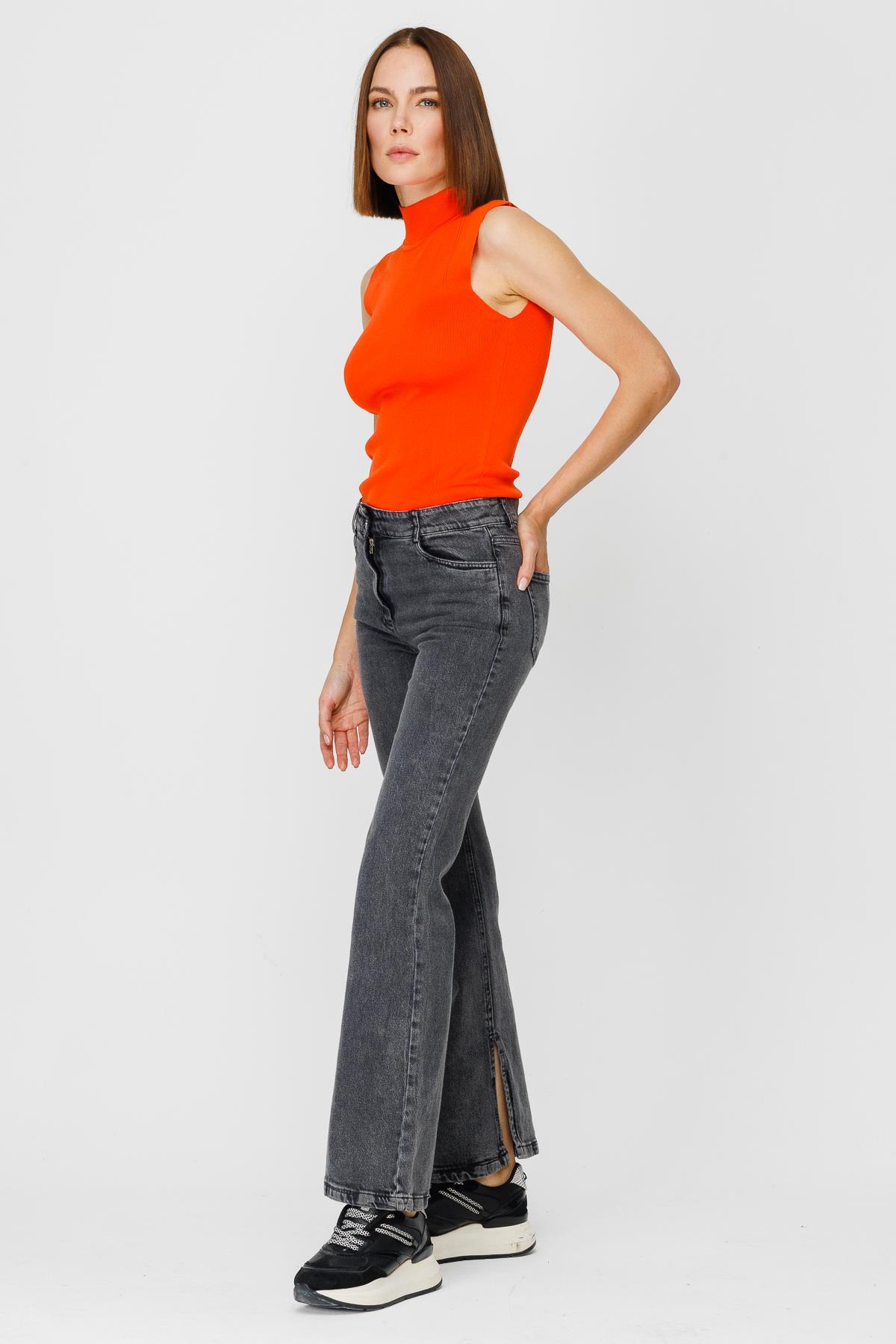 Yüksk Bel Yırtmaçlı Denim Pantolon - SİYAH