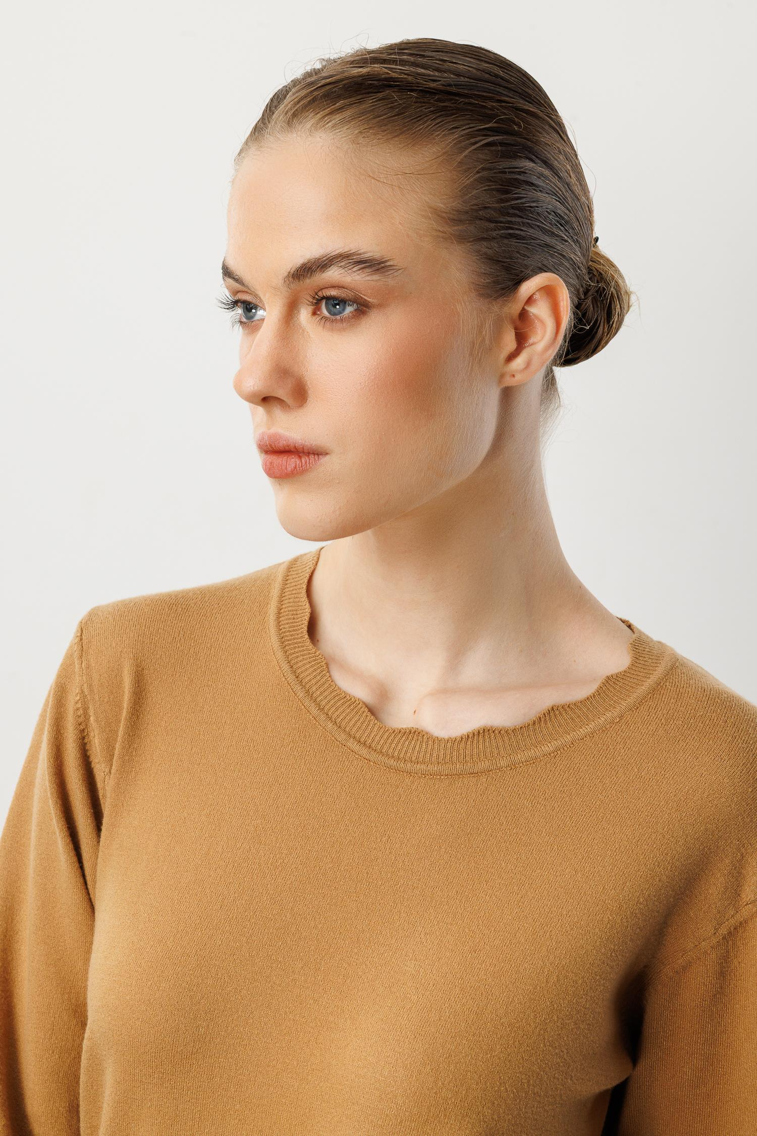 Yuvarlak Yaka Angora Triko Kazak-CAMEL