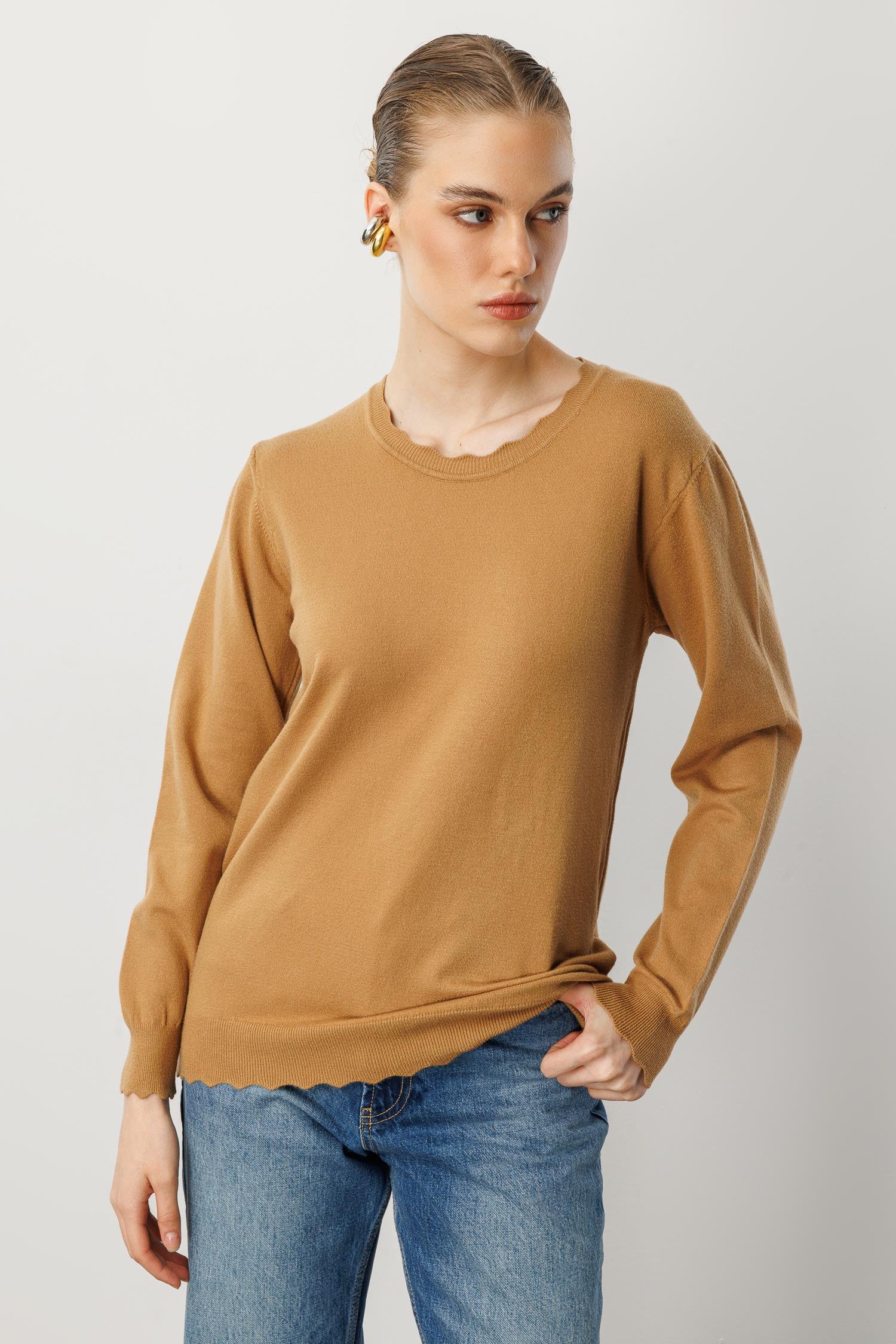 Yuvarlak Yaka Angora Triko Kazak-CAMEL