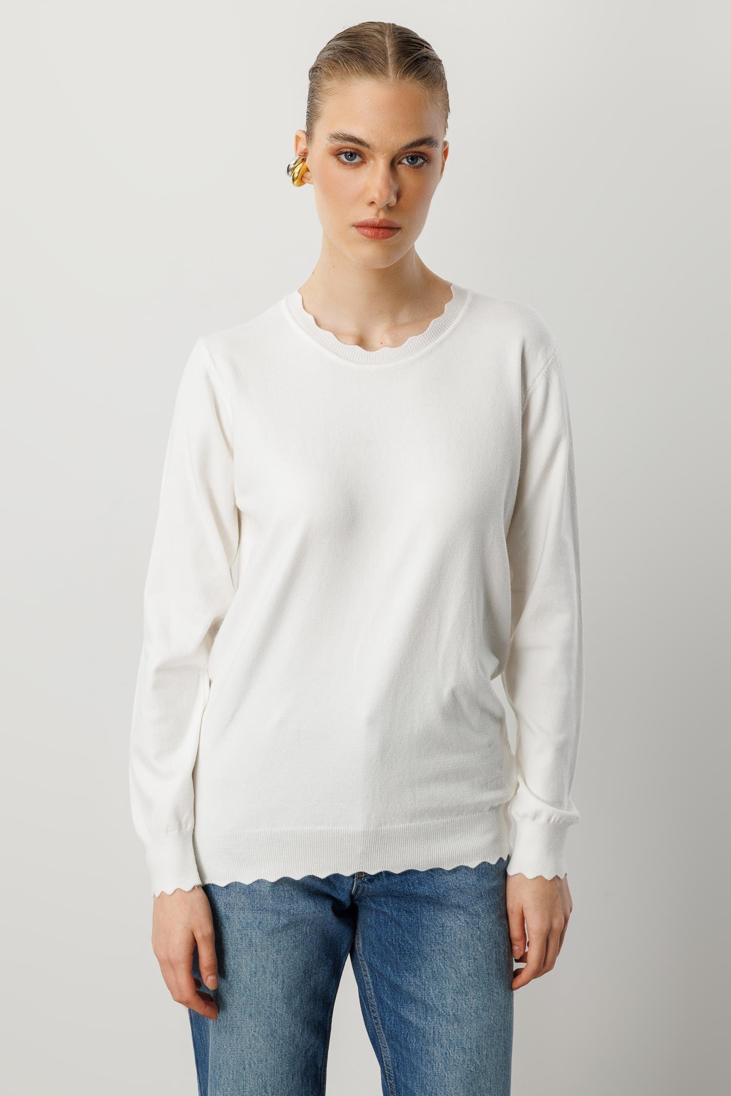 Yuvarlak Yaka Angora Triko Kazak-EKRU