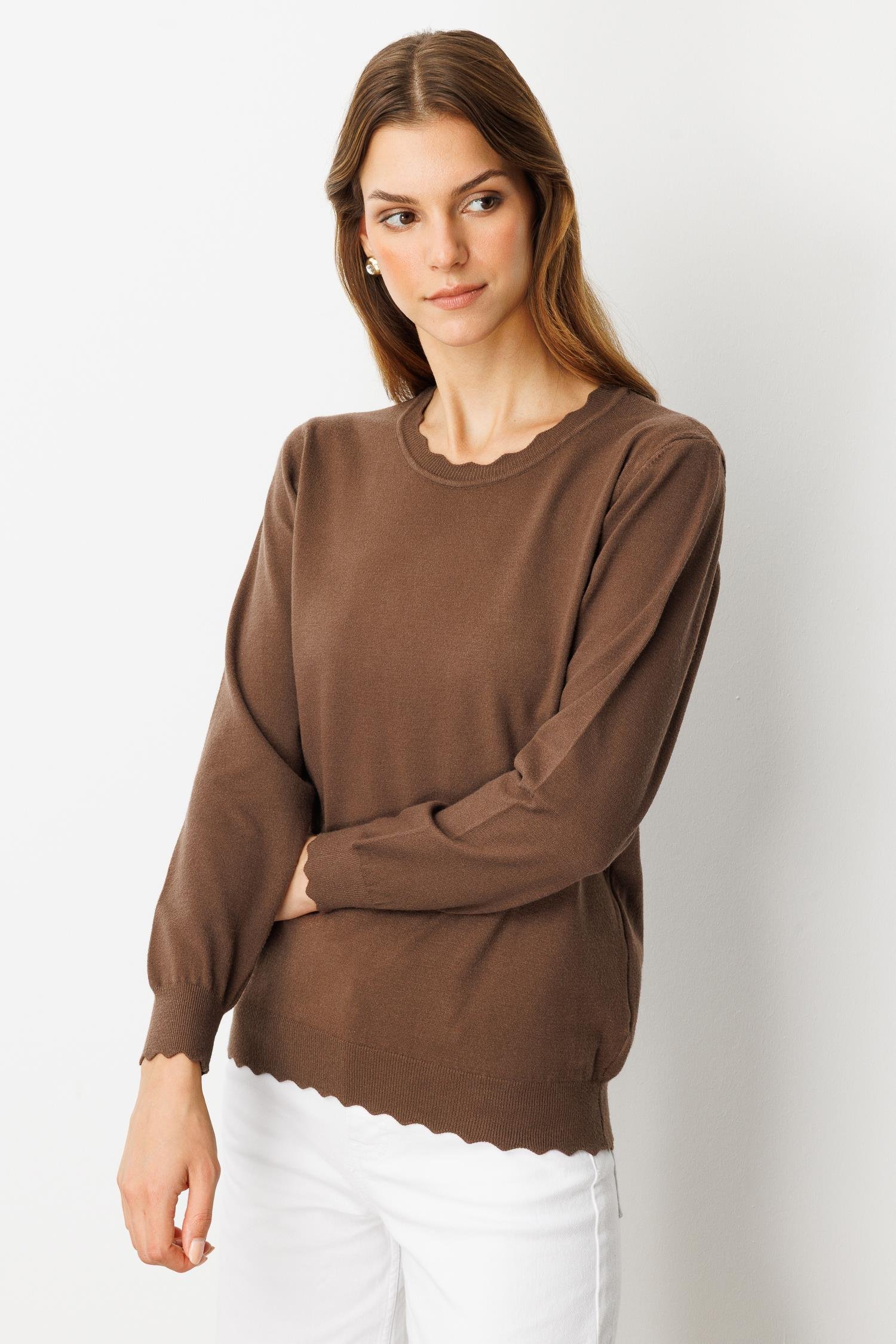 Yuvarlak Yaka Angora Triko Kazak-KAHVE