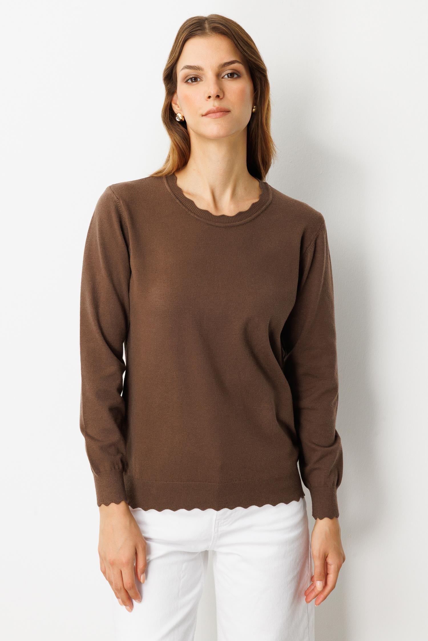 Yuvarlak Yaka Angora Triko Kazak-KAHVE