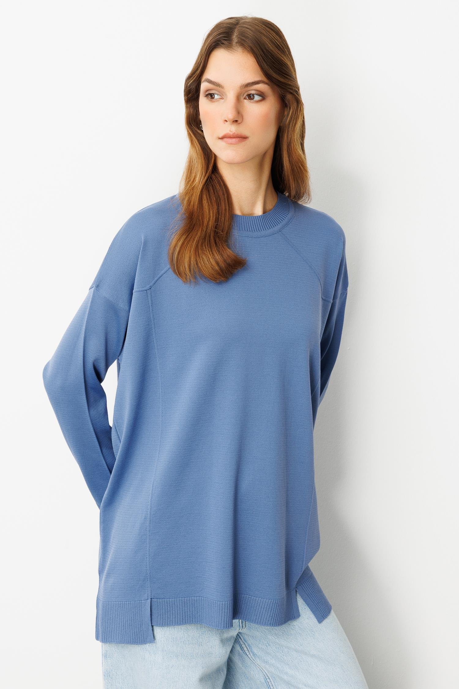 Yuvarlak Yaka Basic Triko-İNDİGO