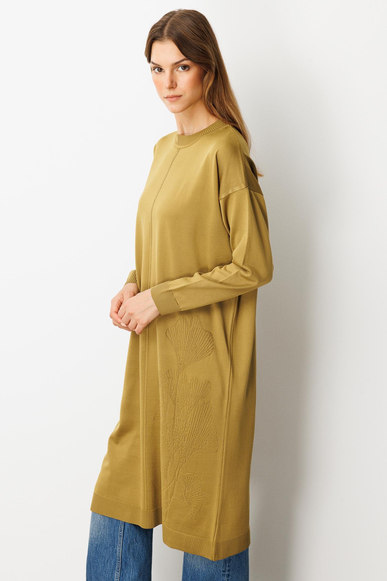 Yuvarlak Yaka Desenli Triko Tunik-Y.YEŞİLİ