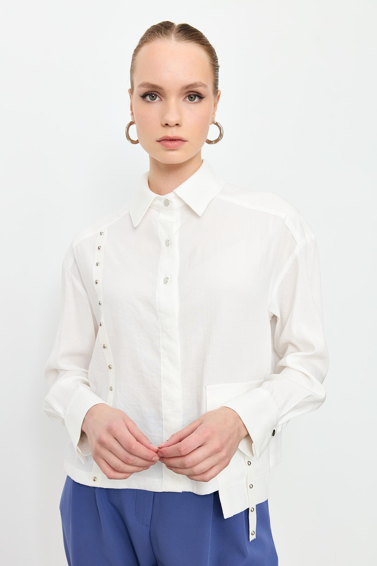 Zımba Şerit Detaylı Gömlek-EKRU