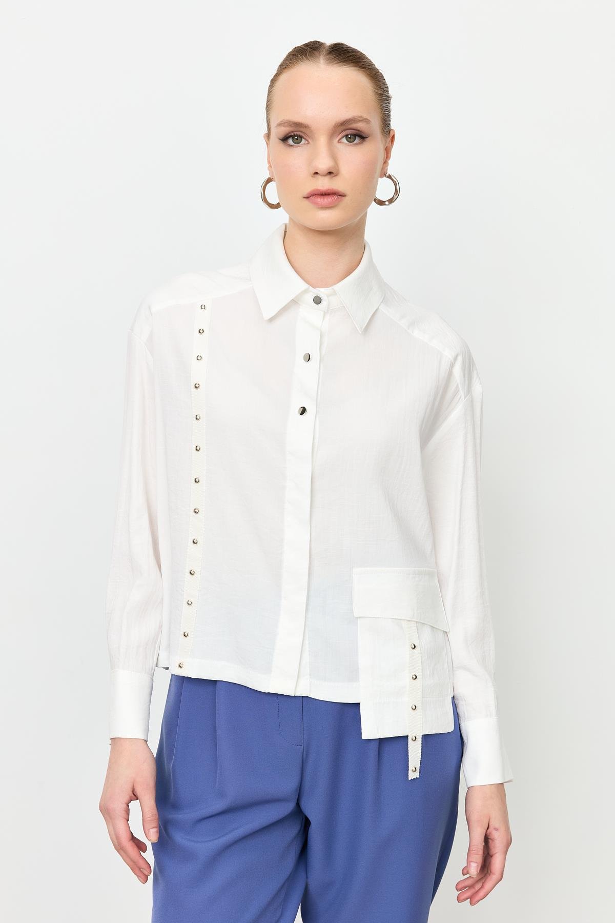 Zımba Şerit Detaylı Gömlek-EKRU